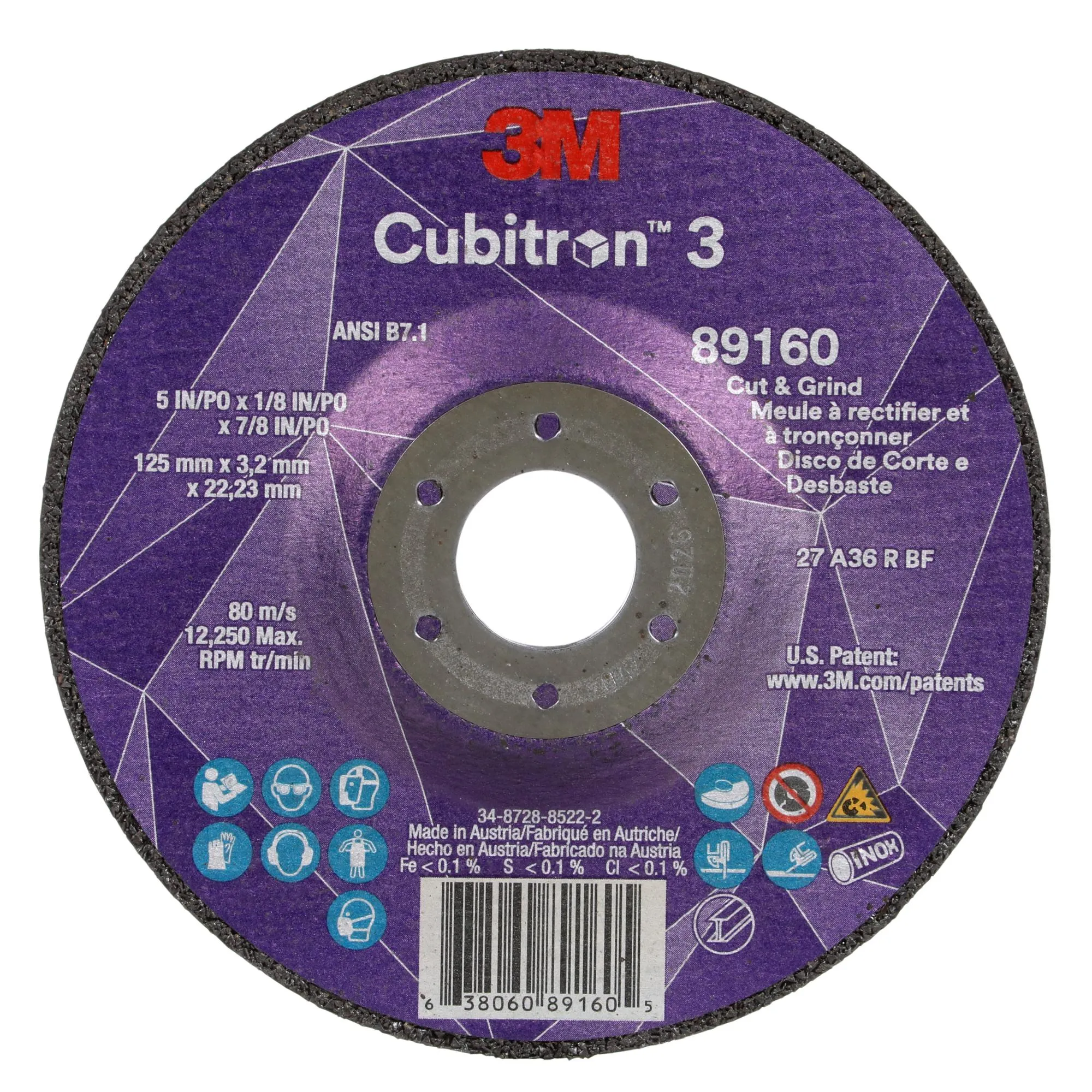 3M Cubitron 3 Cut and Grind Wheel, 89160, 36 , T27, 5 in x 1/8 in x7/8 in