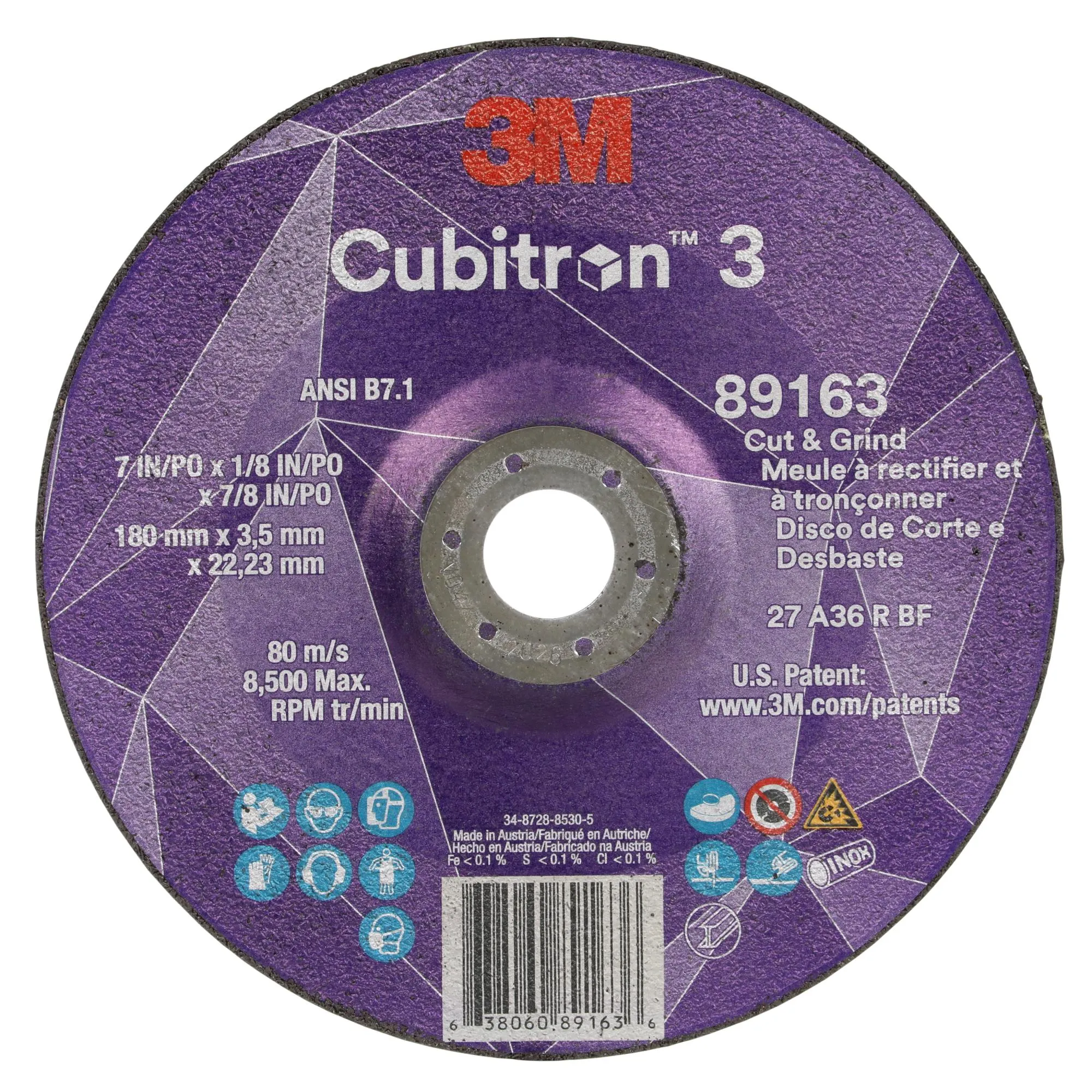 3M Cubitron 3 Cut and Grind Wheel, 89163, 36 , T27, 7 in x 1/8 in x7/8 in