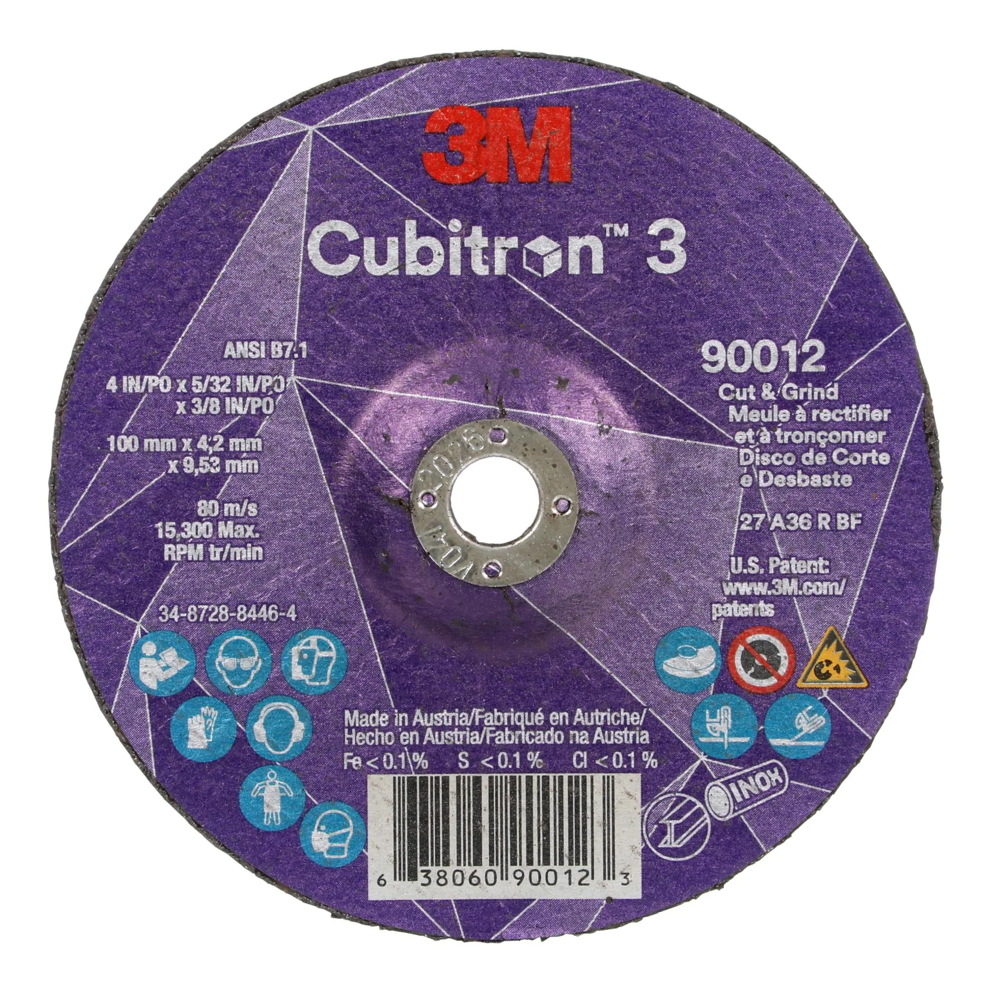 3M Cubitron 3 Cut and Grind Wheel, 90012, 36 , T27, 4 in x 5/32 in x3/8 in