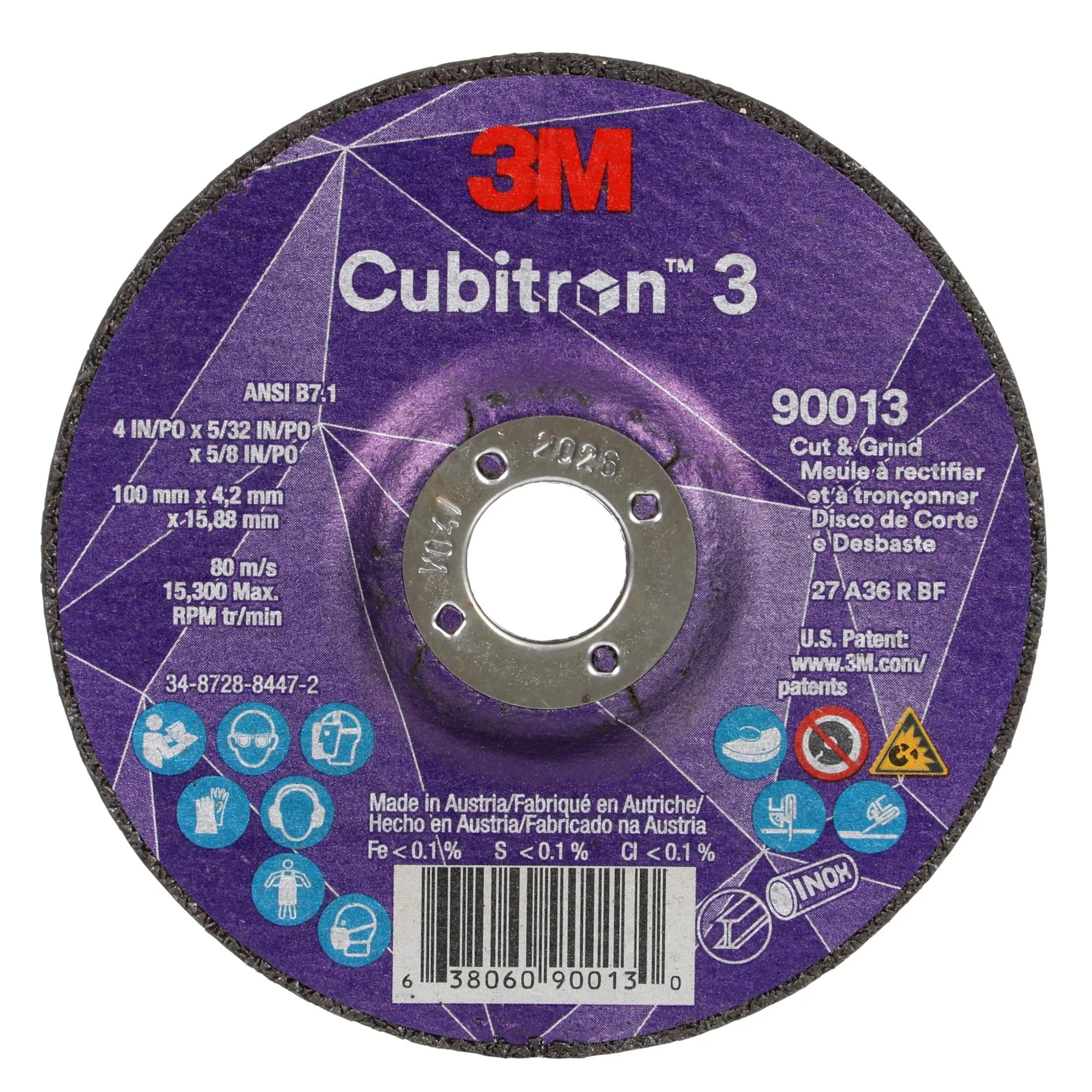 3M Cubitron 3 Cut and Grind Wheel, 90013, 36 , T27, 4 in x 5/32 in x5/8 in
