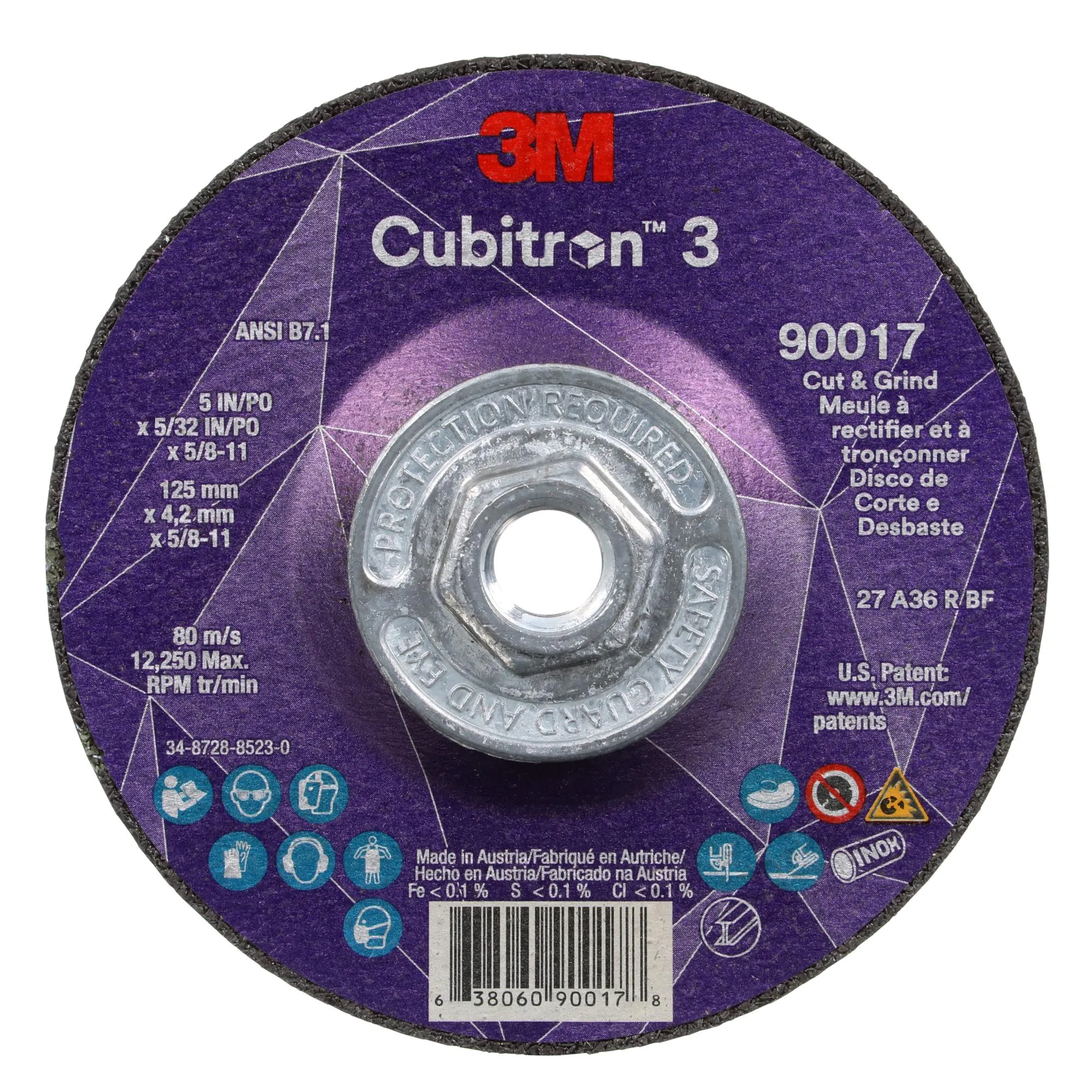 3M Cubitron 3 Cut and Grind Wheel, 90017, 36 , T27, 5 in x 5/32 in x5/8 in-11