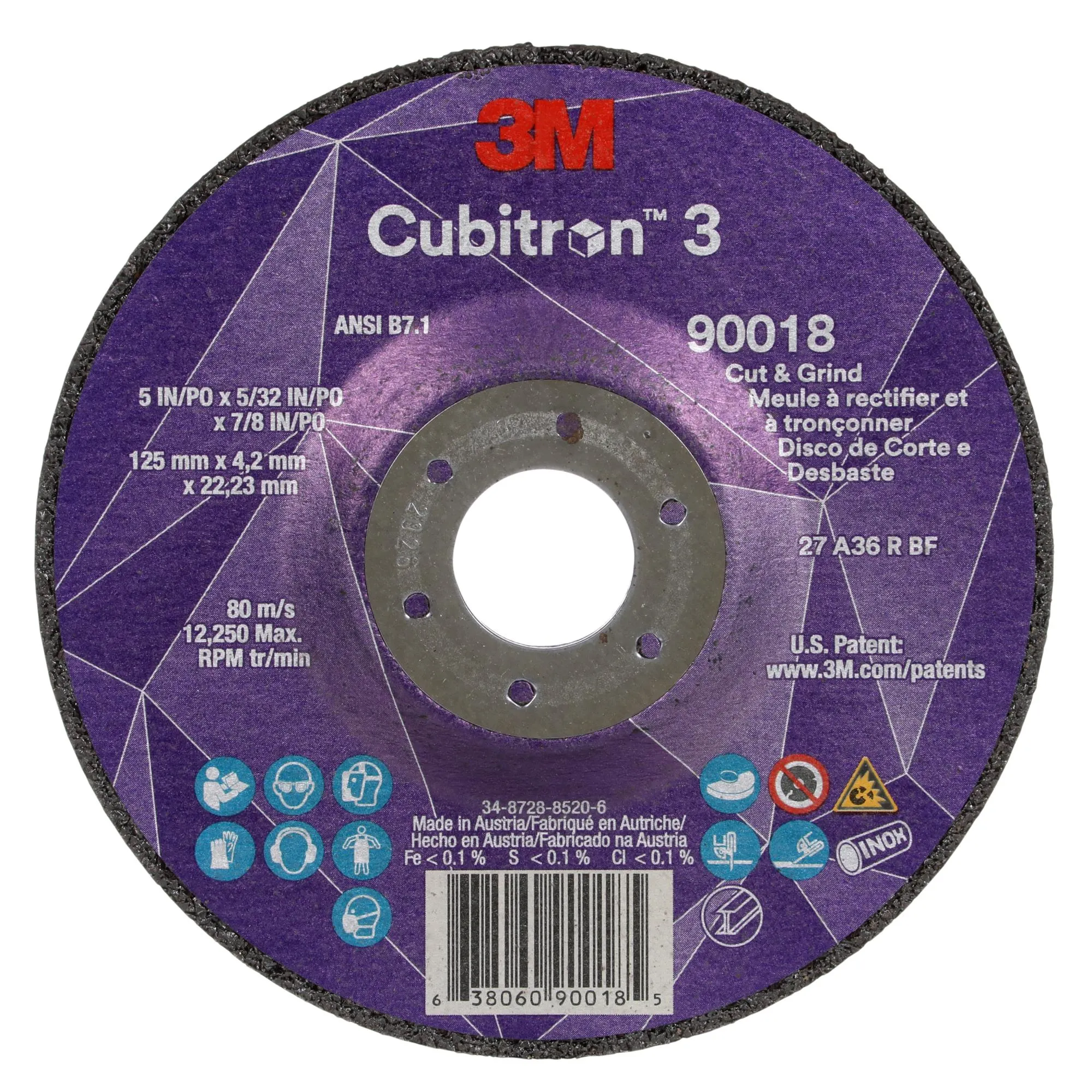 3M Cubitron 3 Cut and Grind Wheel, 90018, 36 , T27, 5 in x 5/32 inx7/8 in
