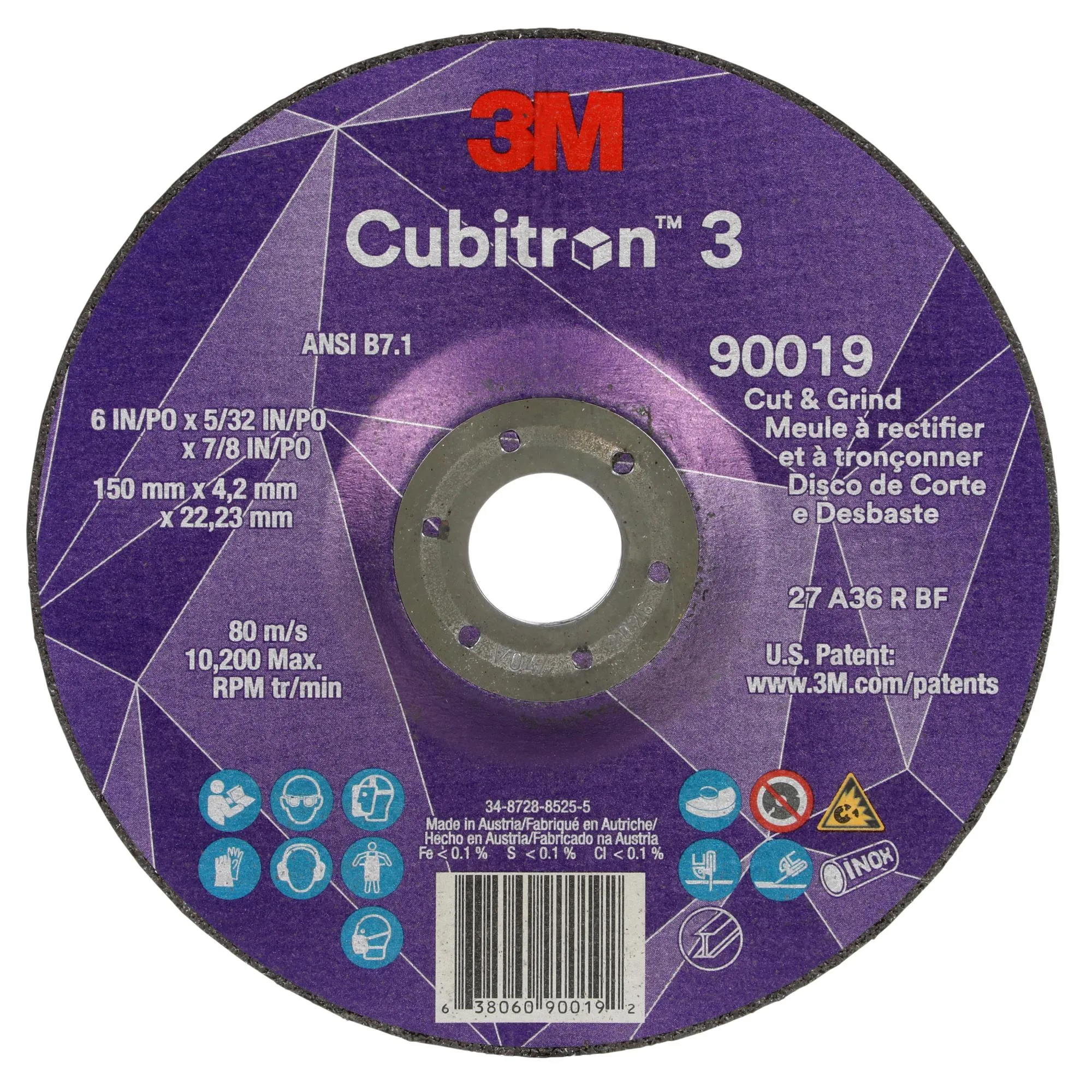 3M Cubitron 3 Cut and Grind Wheel, 90019, 36 , T27, 6 in x 5/32 in x7/8 in