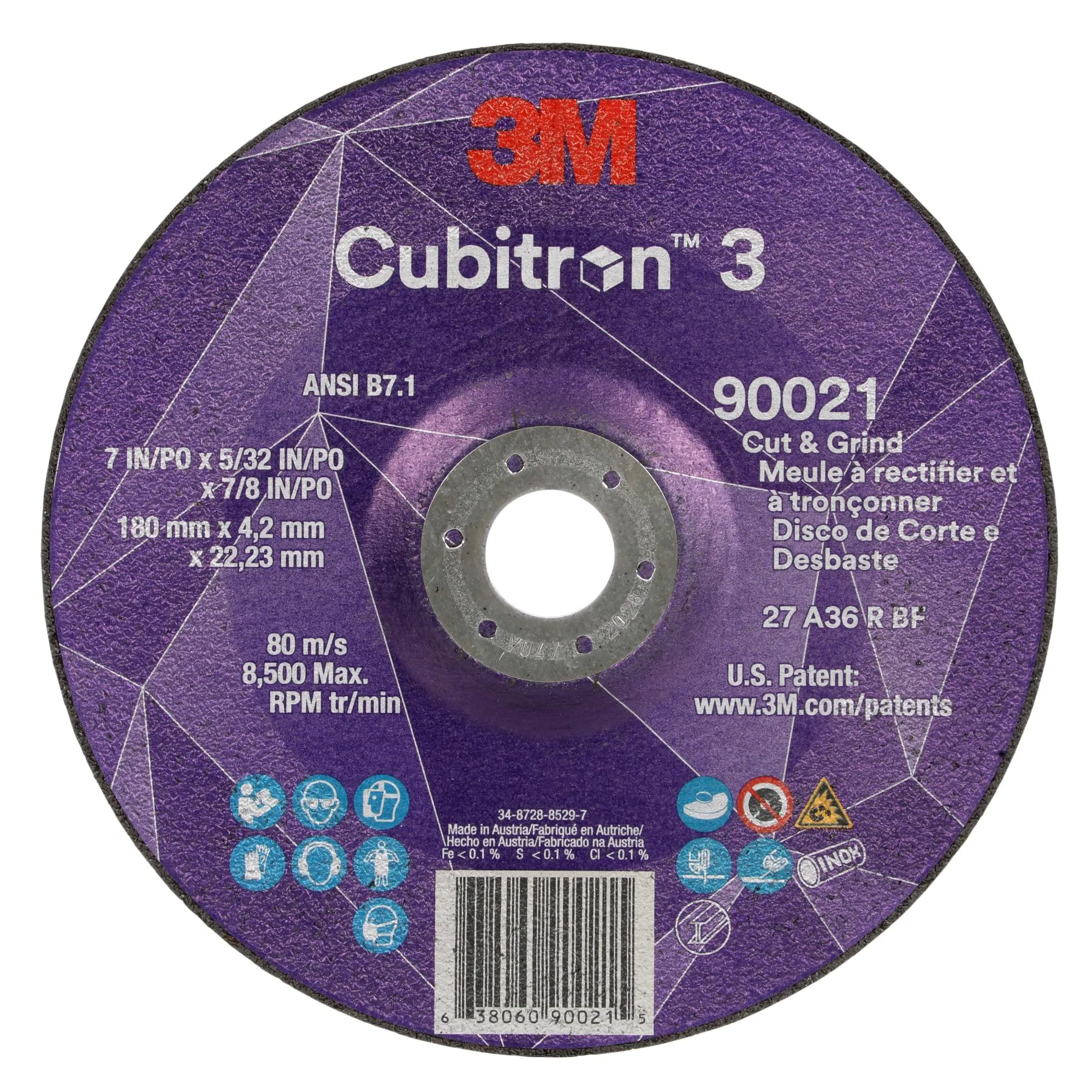 3M Cubitron 3 Cut and Grind Wheel, 90021, 36 , T27, 7 in x 5/32 in x7/8 in