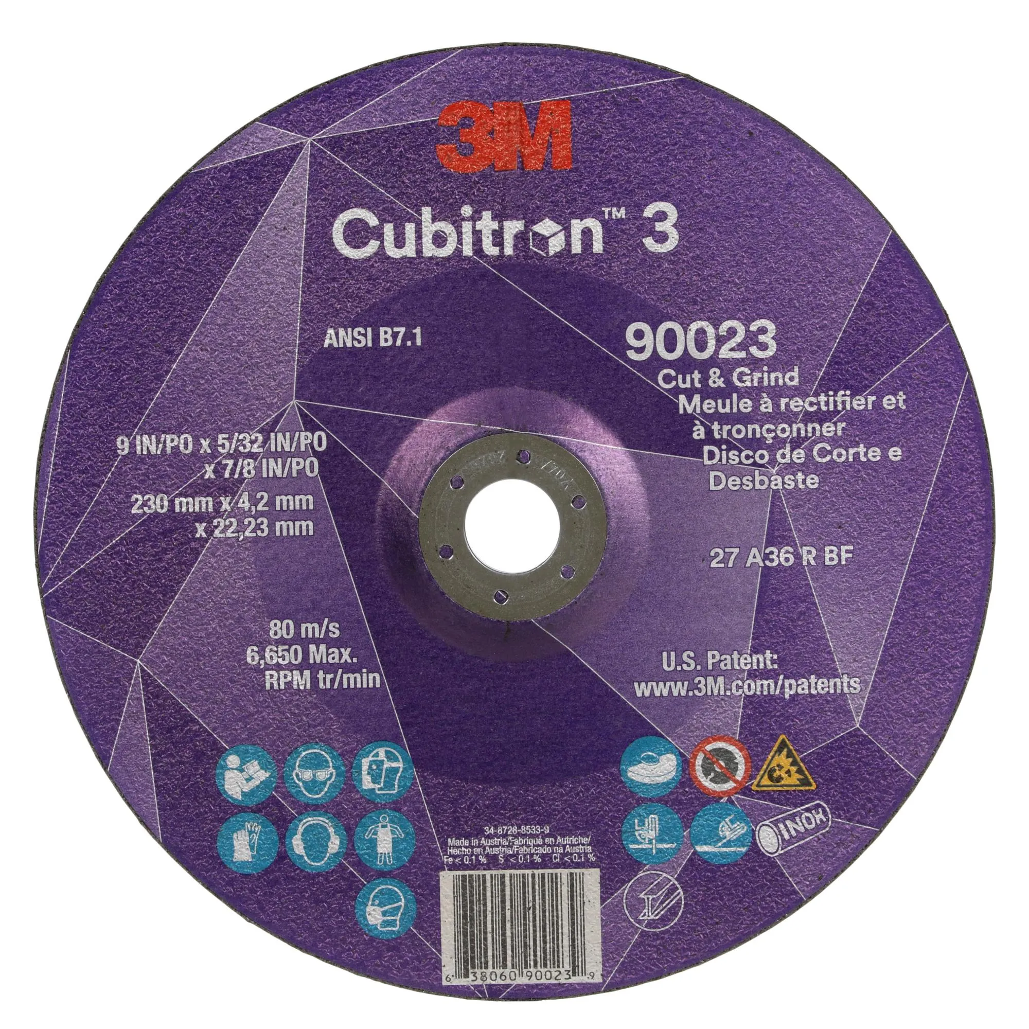 3M Cubitron 3 Cut and Grind Wheel, 90023, 36 , T27, 9 in x 5/32 in x7/8 in