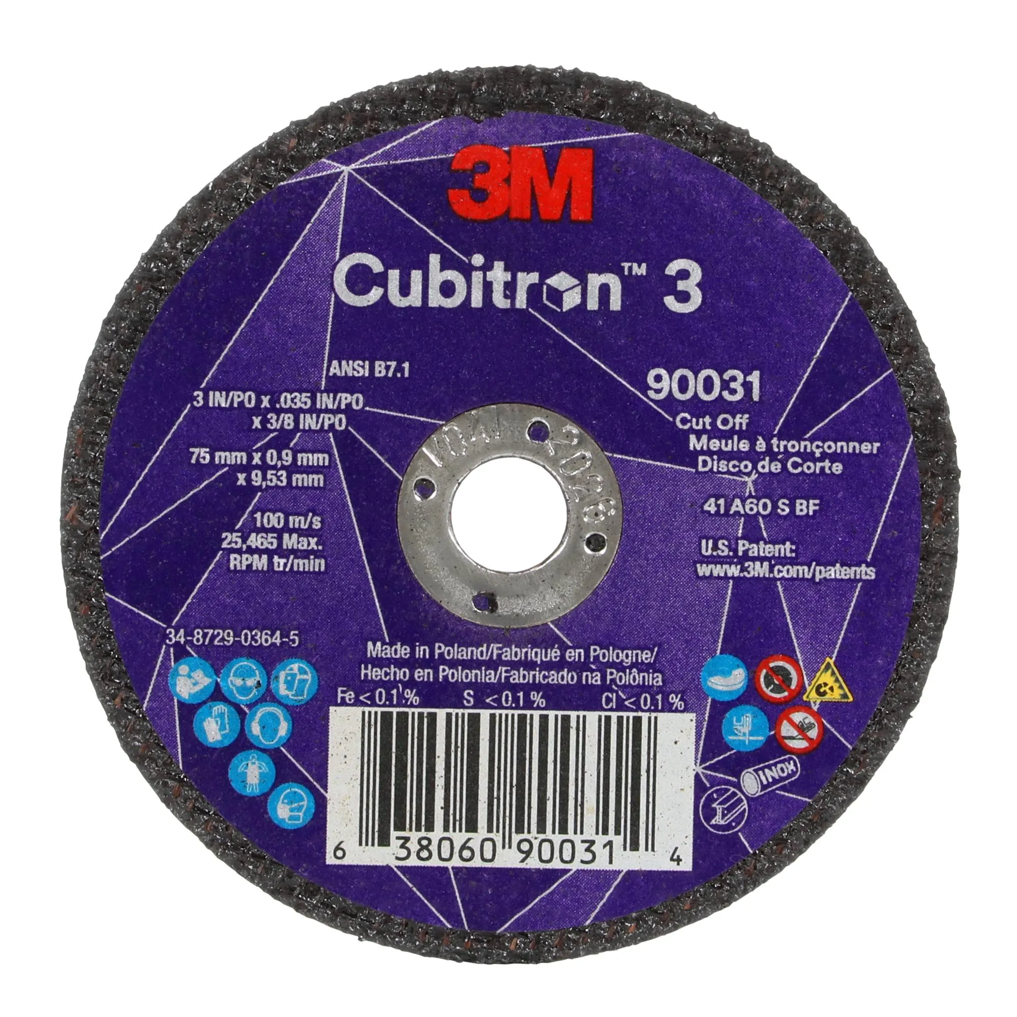3M Cubitron 3 Cut-Off Wheel, 90031, 60 , T1, 3 in x 0.035 in x 3/8 in