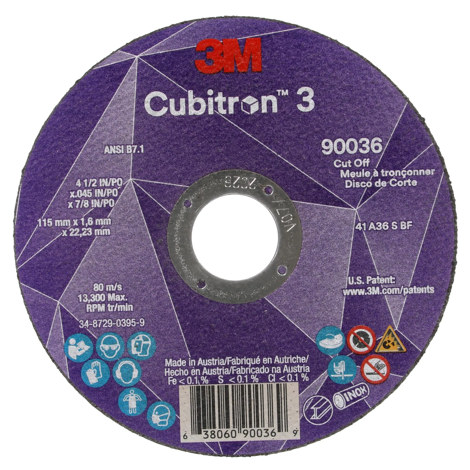 3M Cubitron 3 Cut-Off Wheel, 90036, 36 , T1, 4-1/2 in x 0.045 in x 7/8in
