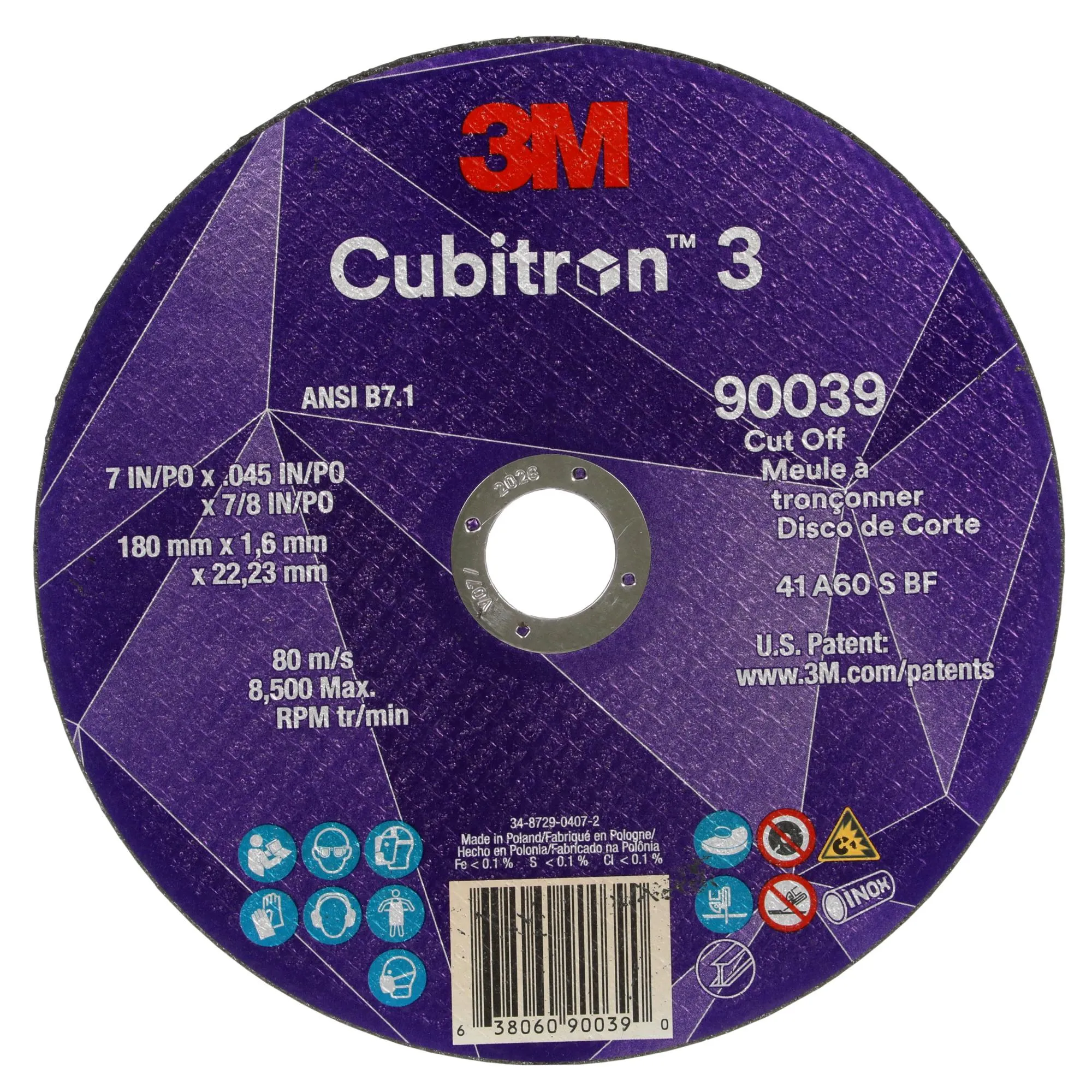 3M Cubitron 3 Cut-Off Wheel, 90039, 60 , T1, 7 in x 0.45 in x 7/8 in