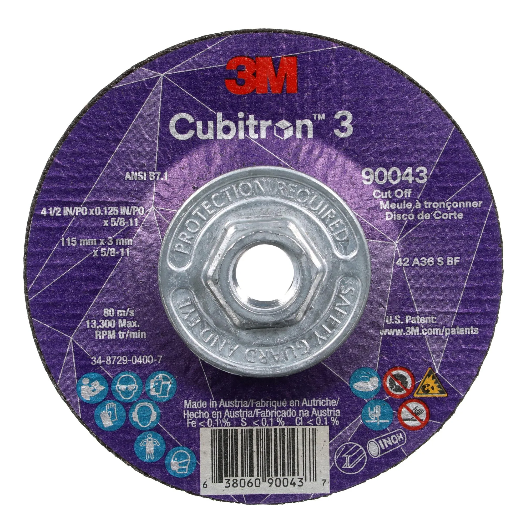 3M Cubitron 3 Cut-Off Wheel, 90043, 36 , T27, 4-1/2 in x 0.125 in x5/8 in-11