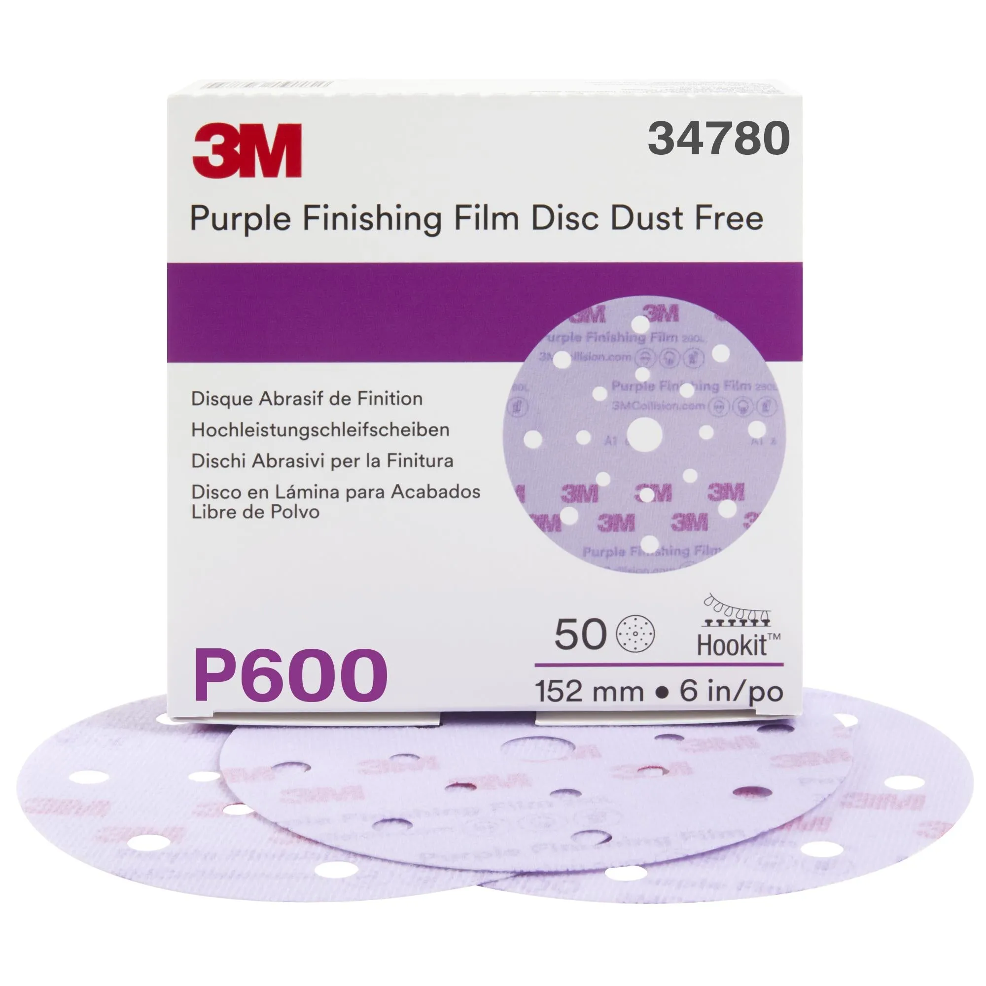 3M Hookit Purple Finishing Film Abrasive Disc 260L, 34780, 6 in, DustFree, P600