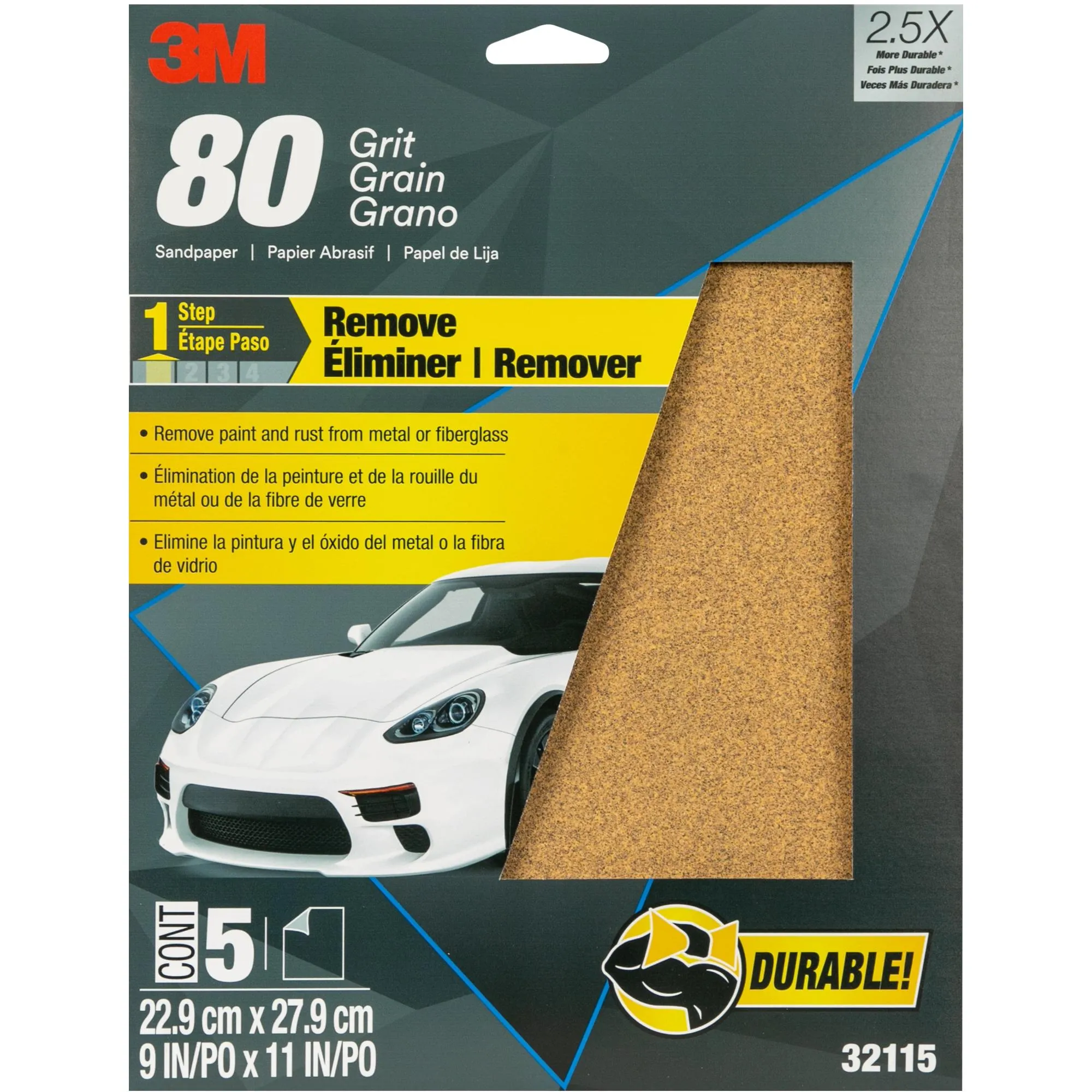 3M Sandpaper, 32115, 80 Grit, 9 in x 11 in, 5 per pack, 20 packs percase