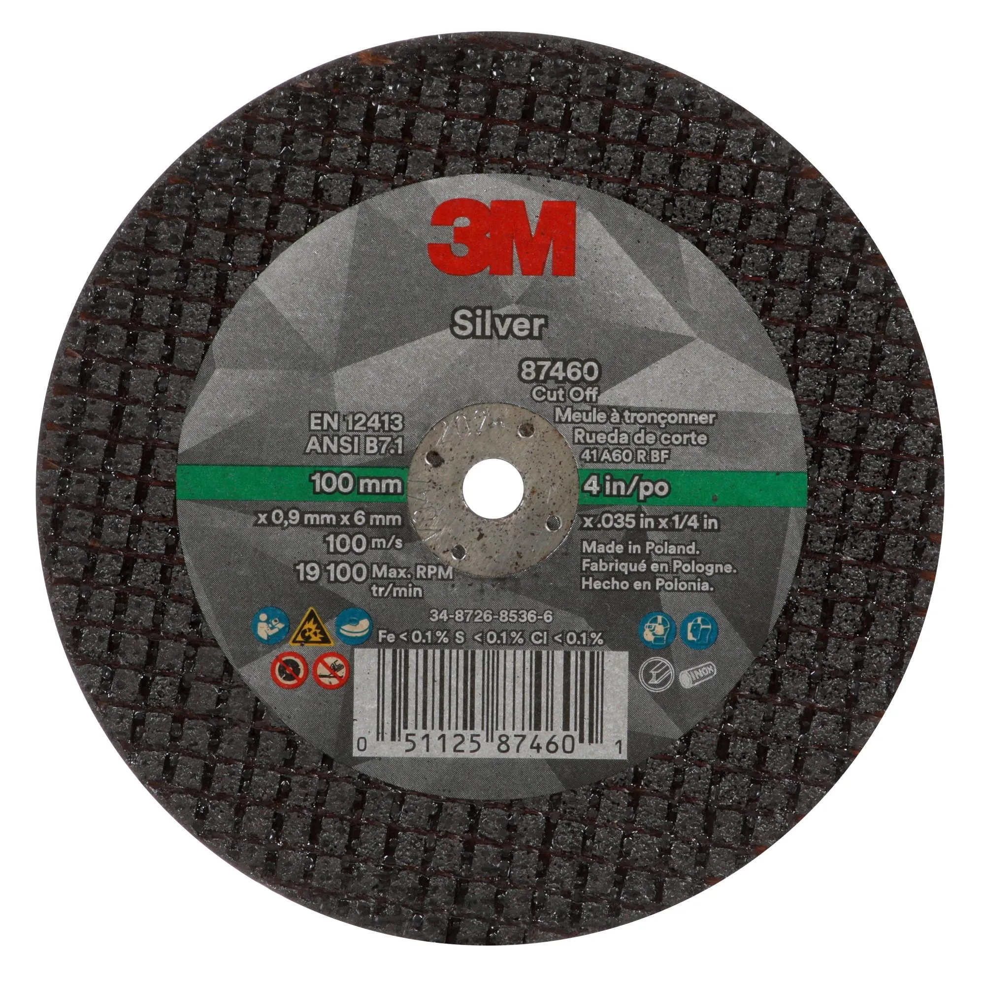 3M Silver Cut-Off Wheel, 87460, T1, 4 in x .035 in x 1/4 in