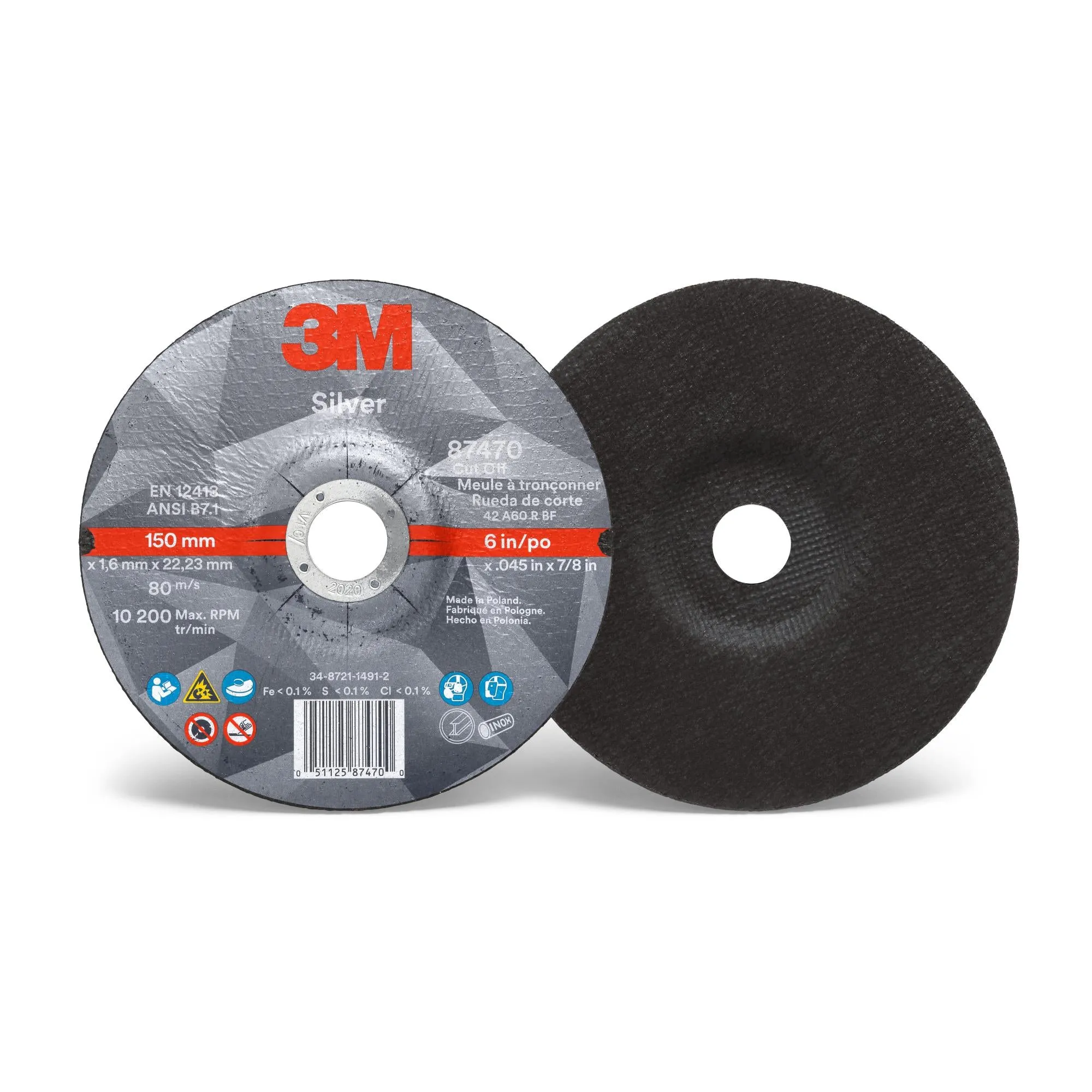 3M Silver Cut-Off Wheel, 87470, T27, 6 in x .045 in x 7/8 in,25/Carton
