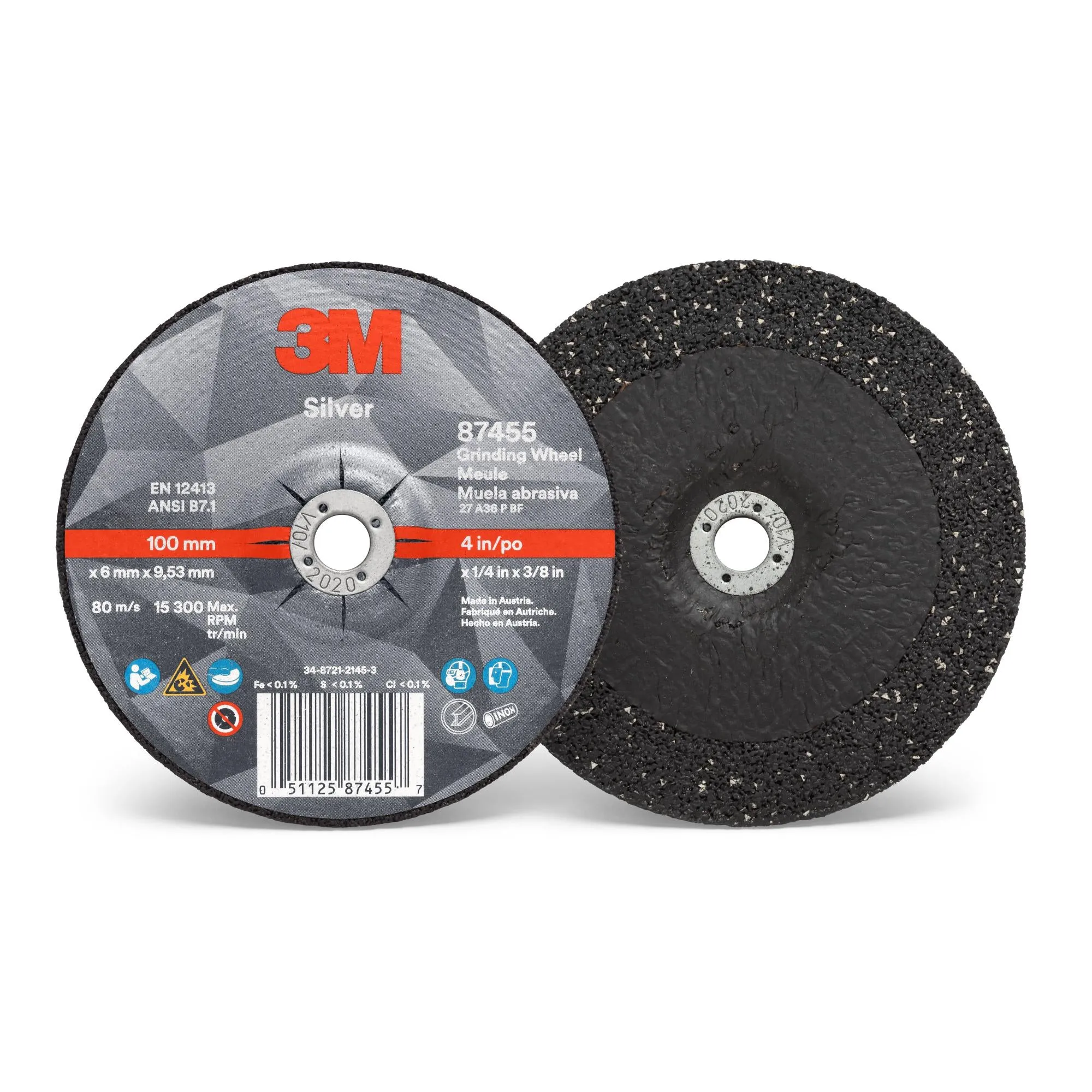 3M Silver Depressed Center Grinding Wheel, 87455, T27, 4 in x 1/4 in x3/8 in