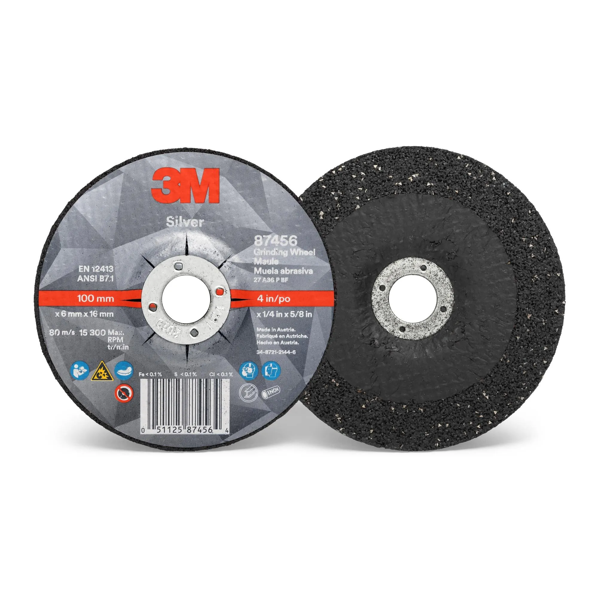 3M Silver Depressed Center Grinding Wheel, 87456, T27, 4 in x 1/4 in x5/8 in