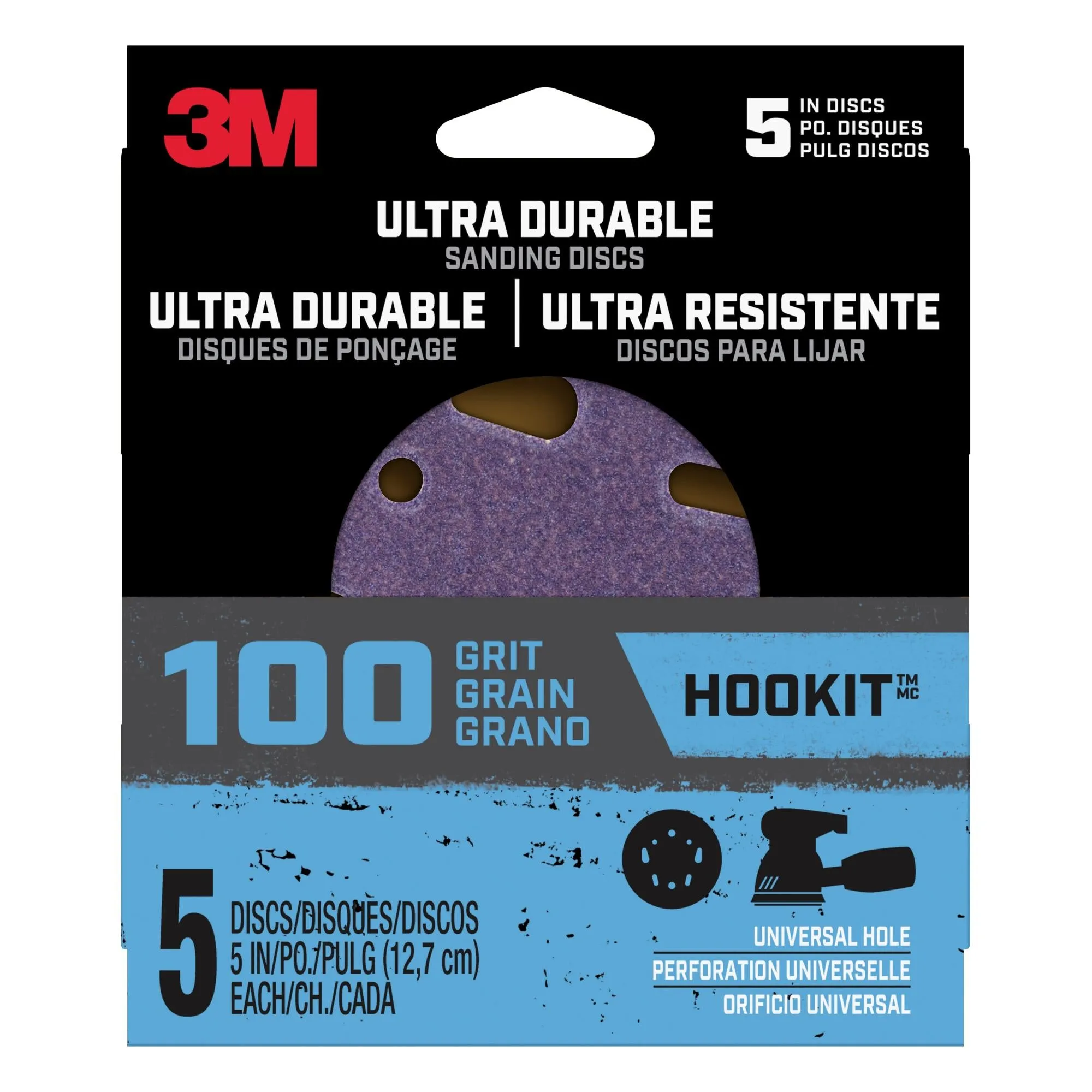 3M Ultra Durable 5 inch Power Sanding Discs, Universal Hole, 100 grit