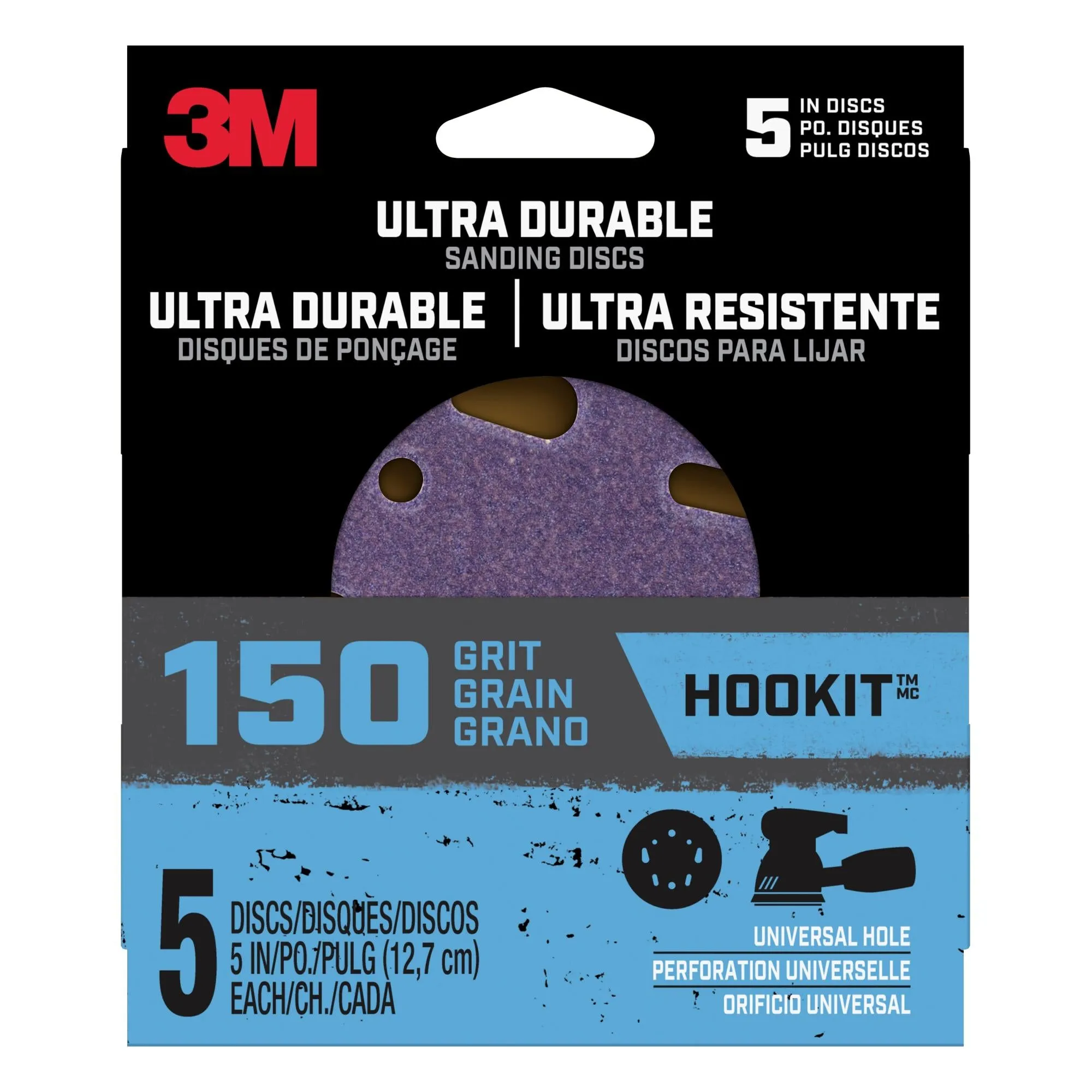 3M Ultra Durable 5 inch Power Sanding Discs, Universal Hole, 150 grit