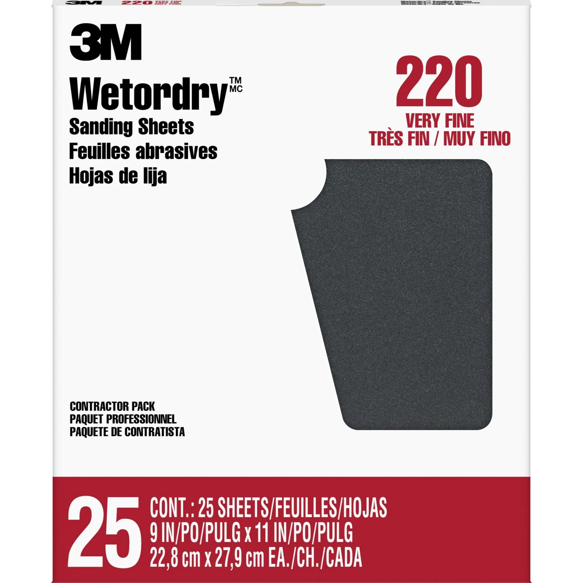 3M Wetordry Sanding Sheets 99422NA, 9 in x 11 in, 220 grit, 25 sheets/pk