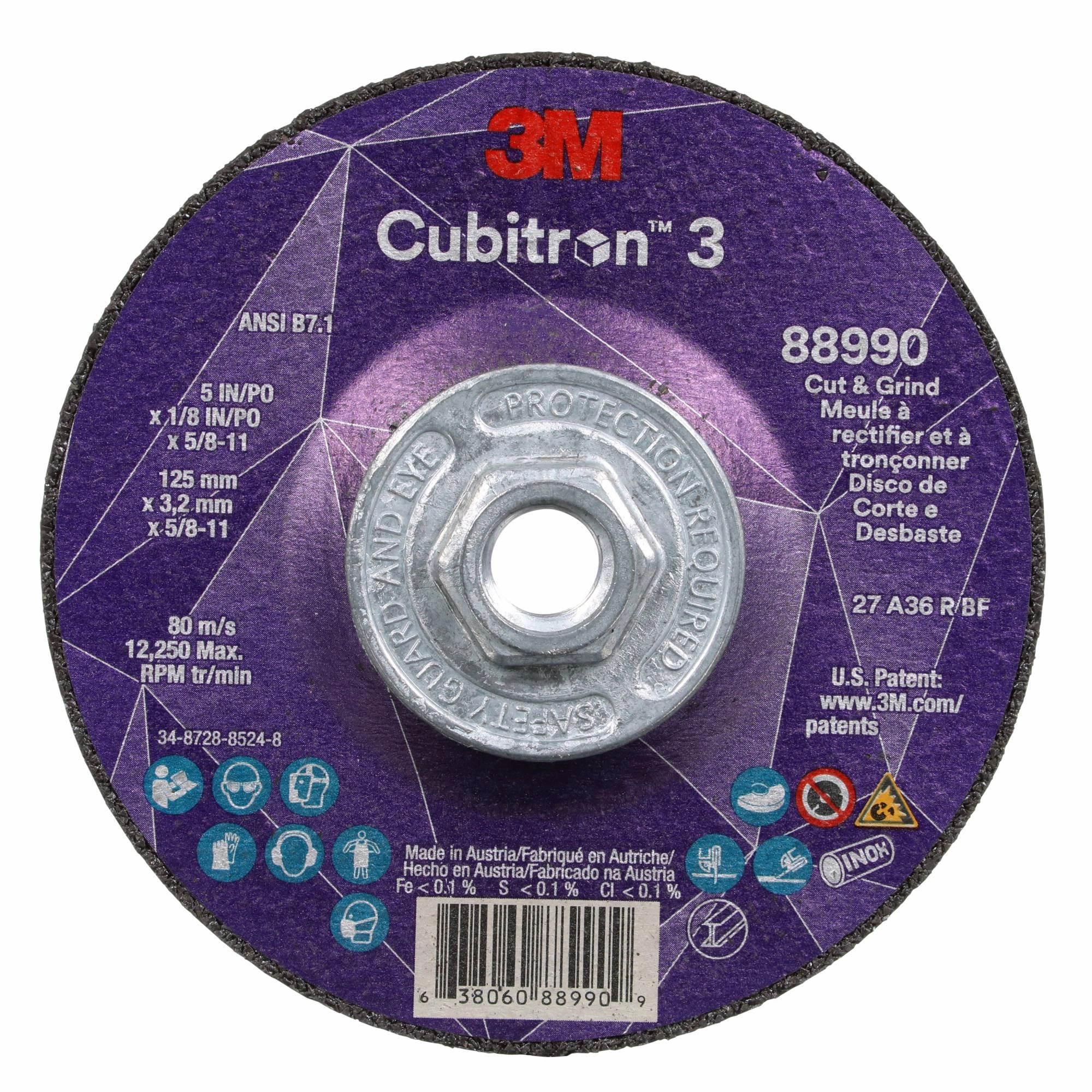 3M Cubitron 3 Cut and Grind Wheel, 88990, 36 , T27, 5 in x 1/8 in x5/8 in-11