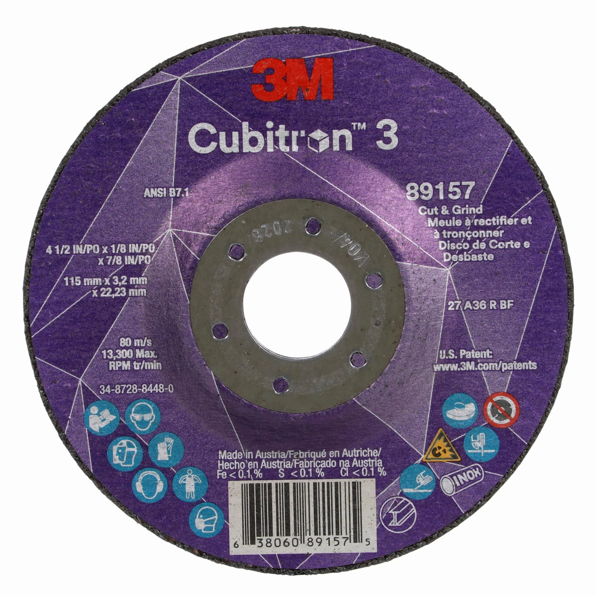 3M Cubitron 3 Cut and Grind Wheel, 89157, 36 , T27, 4-1/2 in x 1/8 inx 7/8 in