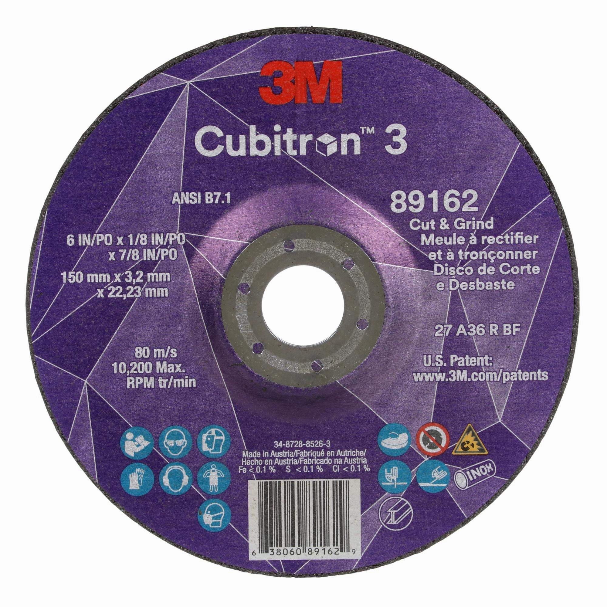 3M Cubitron 3 Cut and Grind Wheel, 89162, 36 , T27, 6 in x 1/8 in x7/8 in