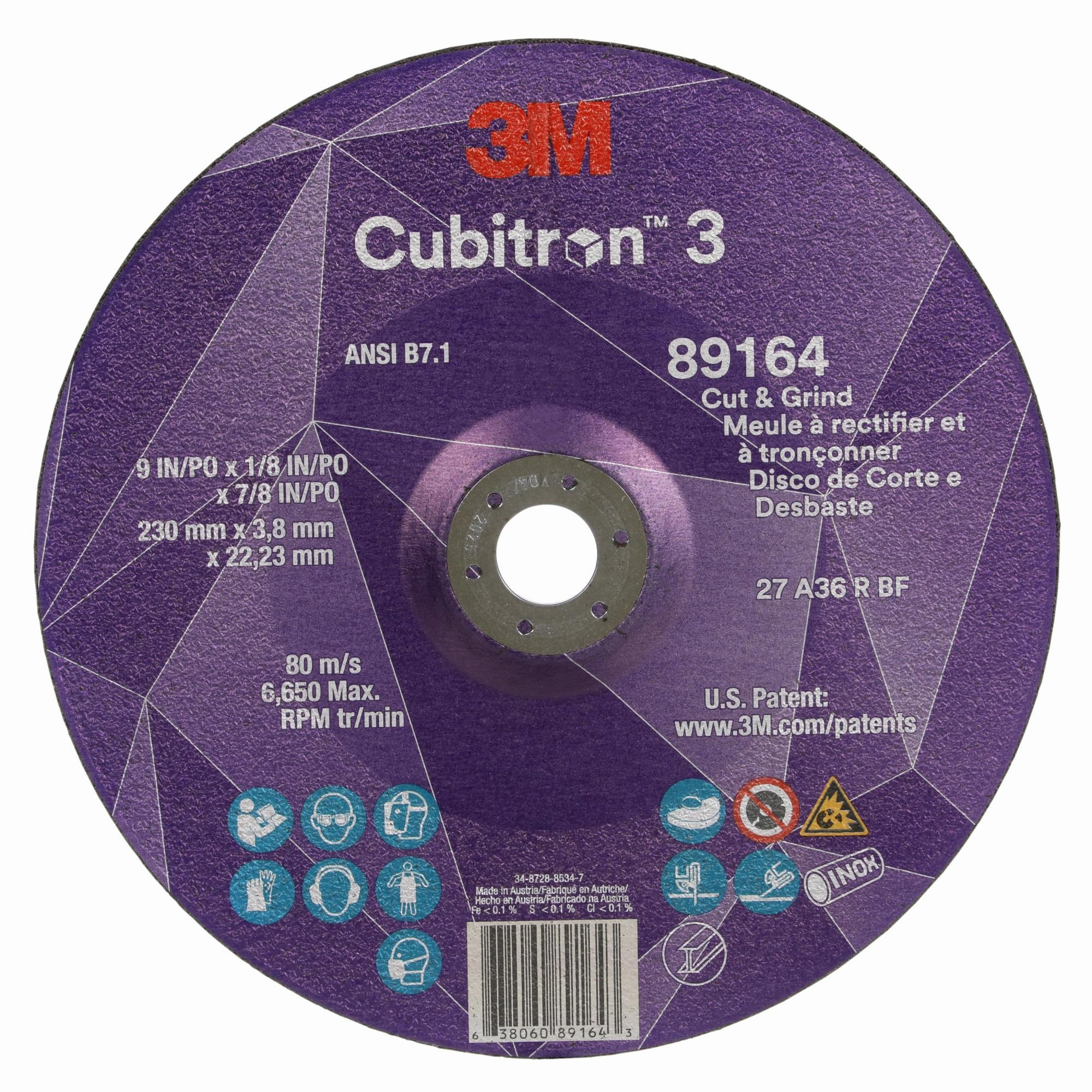 3M Cubitron 3 Cut and Grind Wheel, 89164, 36 , T27, 9 in x 1/8 in x7/8 in