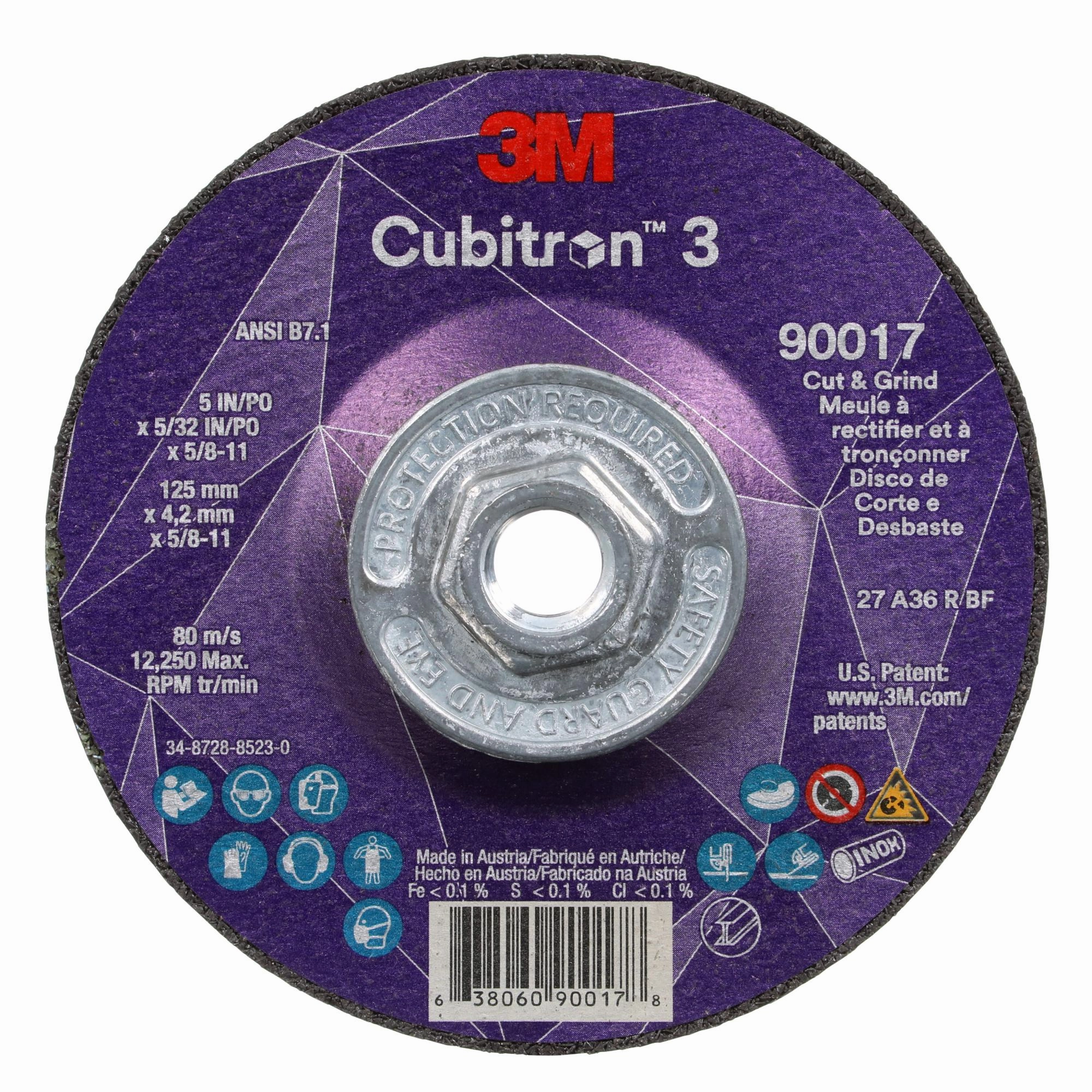 3M Cubitron 3 Cut and Grind Wheel, 90017, 36 , T27, 5 in x 5/32 in x5/8 in-11