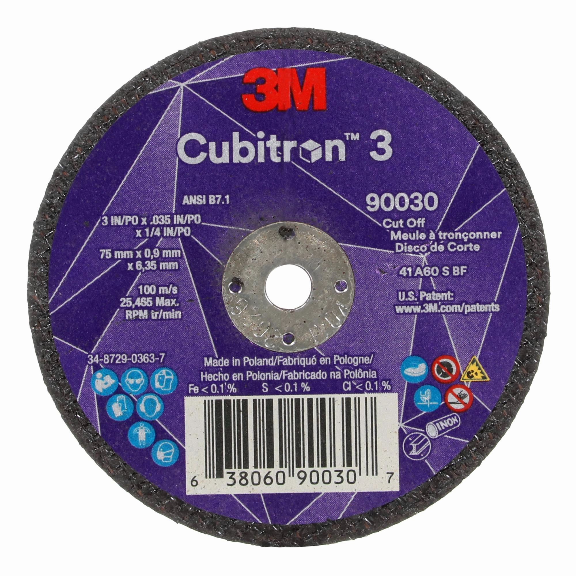 3M Cubitron 3 Cut-Off Wheel, 90030, 60 , T1, 3 in x 0.035 in x 1/4 in