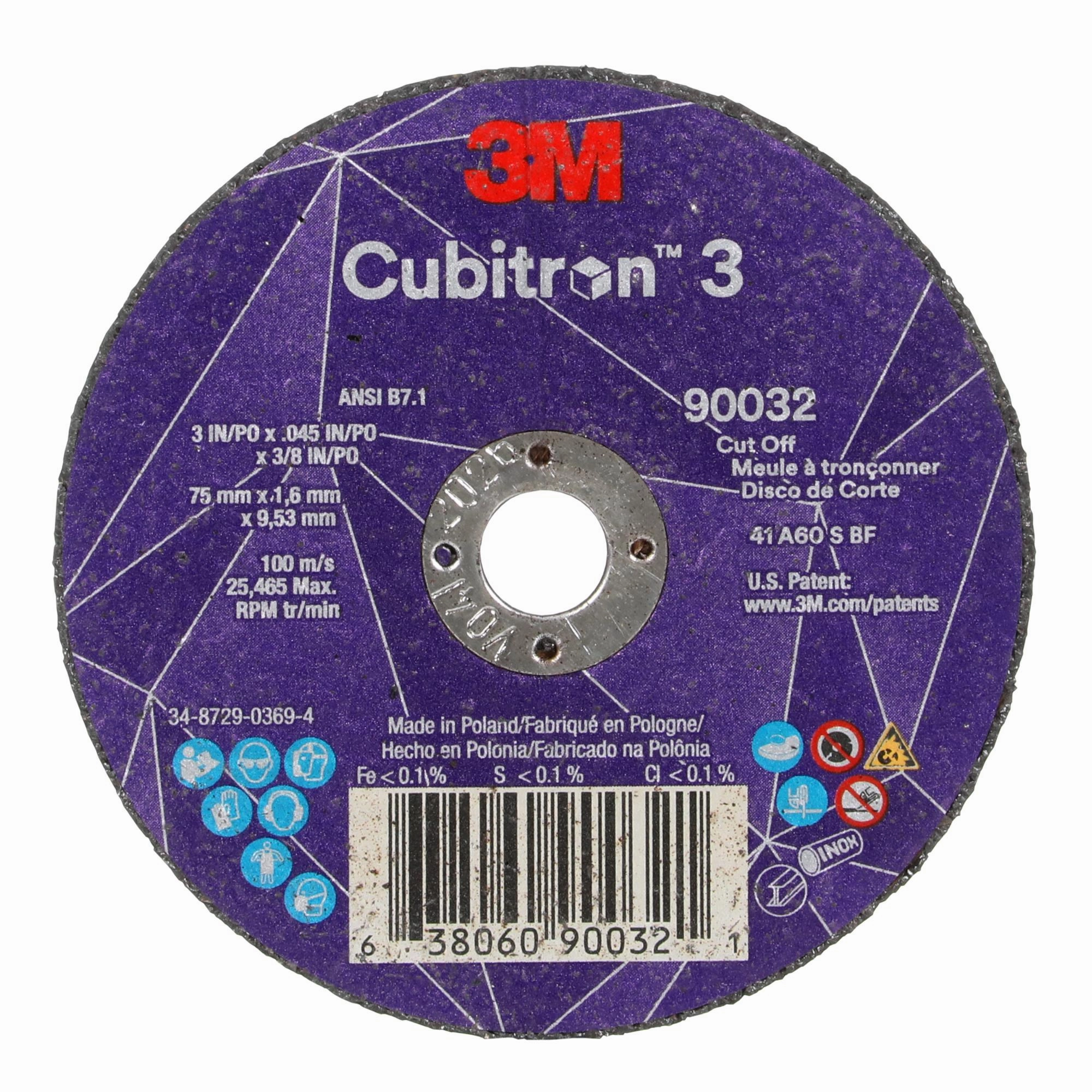 3M Cubitron 3 Cut-Off Wheel, 90032, 60 , T1, 3 in x 0.045 in x 3/8 in