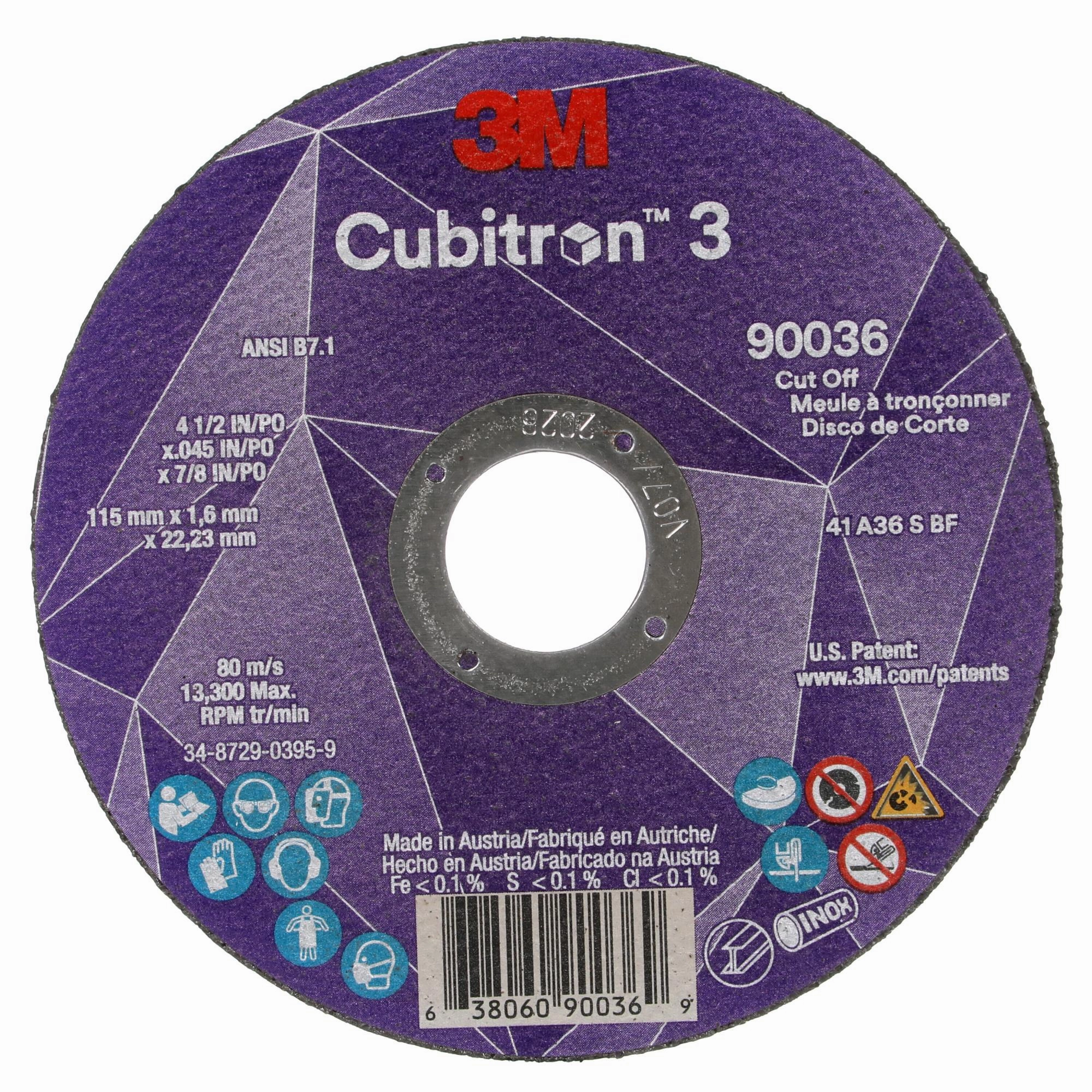 3M Cubitron 3 Cut-Off Wheel, 90036, 36 , T1, 4-1/2 in x 0.045 in x 7/8in