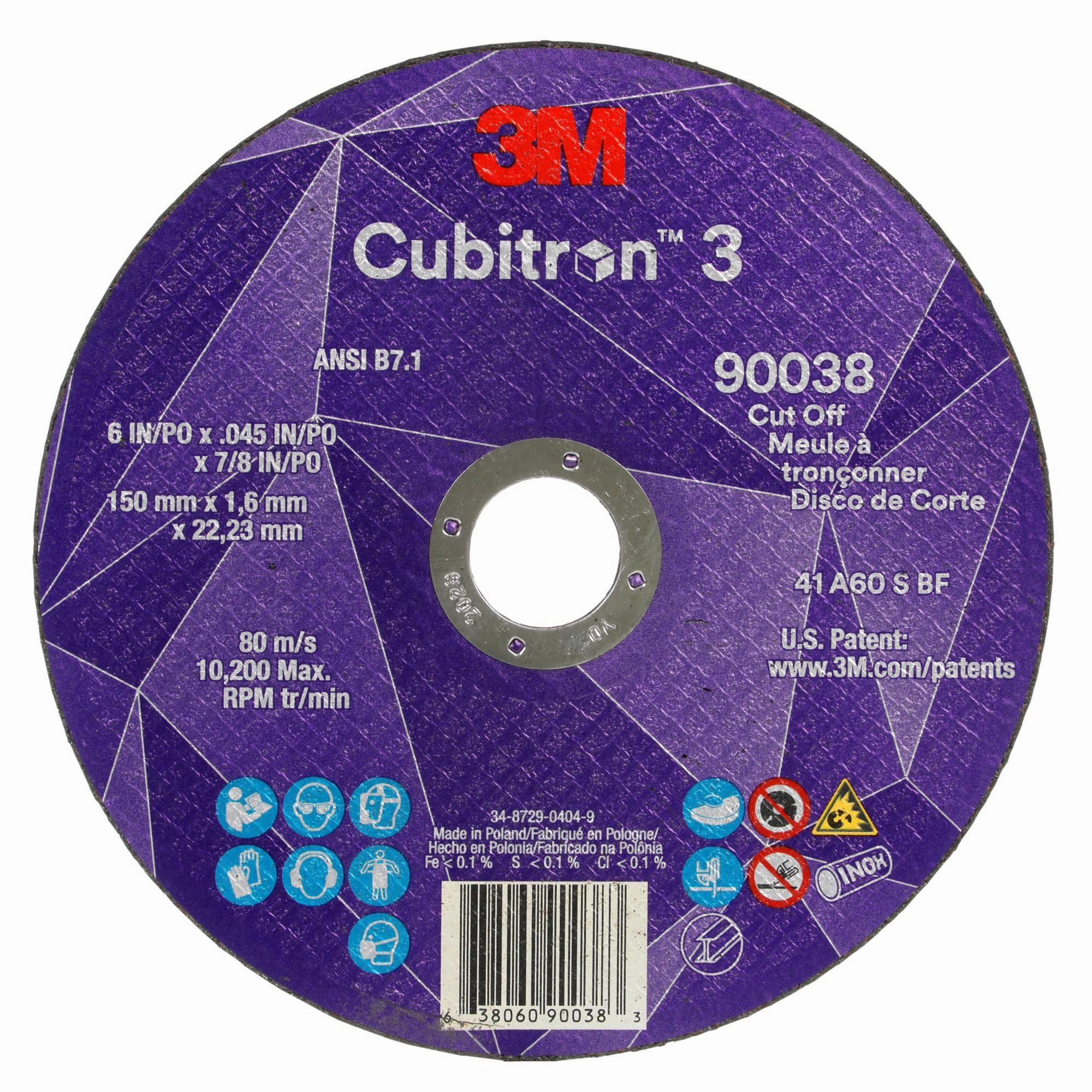 3M Cubitron 3 Cut-Off Wheel, 90038, 60 , T1, 6 in x 0.045 in x 7/8 in