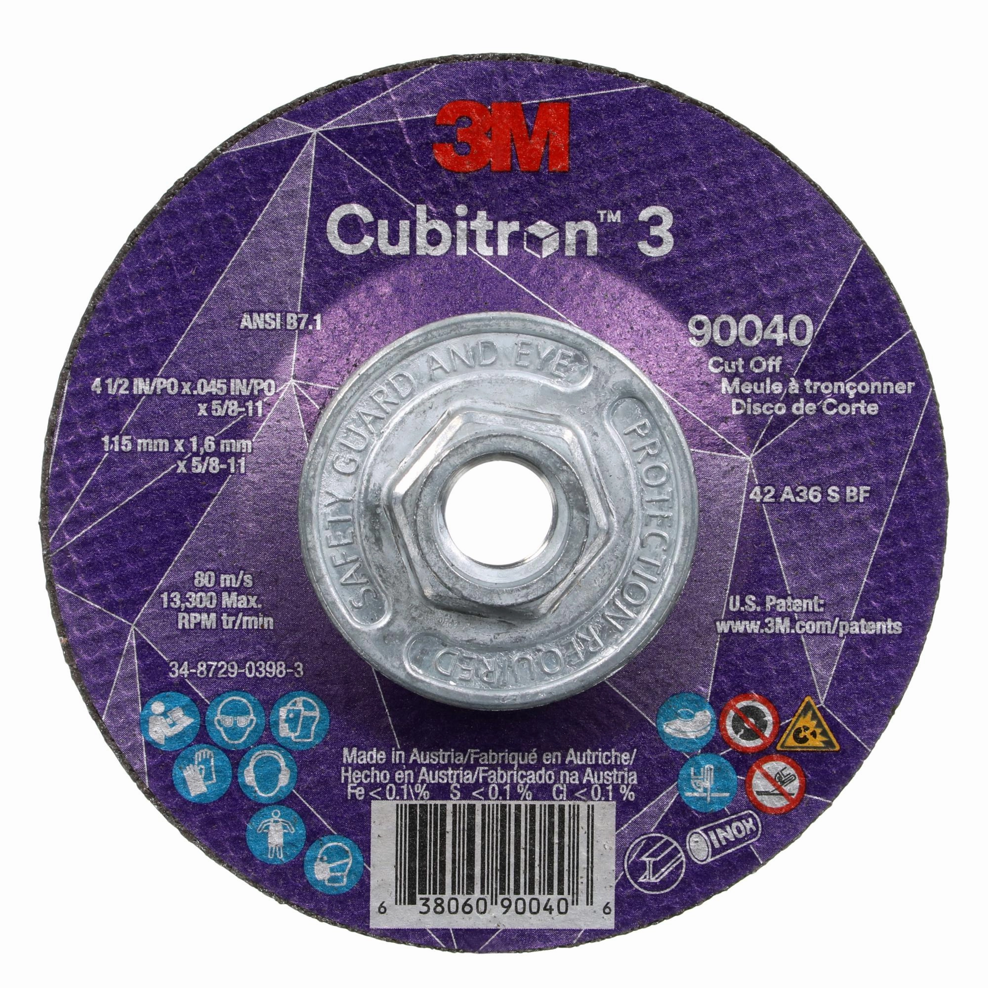 3M Cubitron 3 Cut-Off Wheel, 90040, 36 , T27, 4-1/2 in x 0.045 in x5/8 in-11