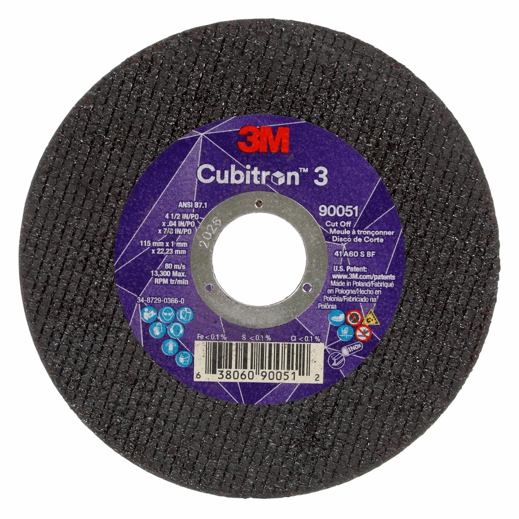 3M Cubitron 3 Cut-Off Wheel, 90051, 60 , T1, 4-1/2 in x 0.04 in x 7/8in