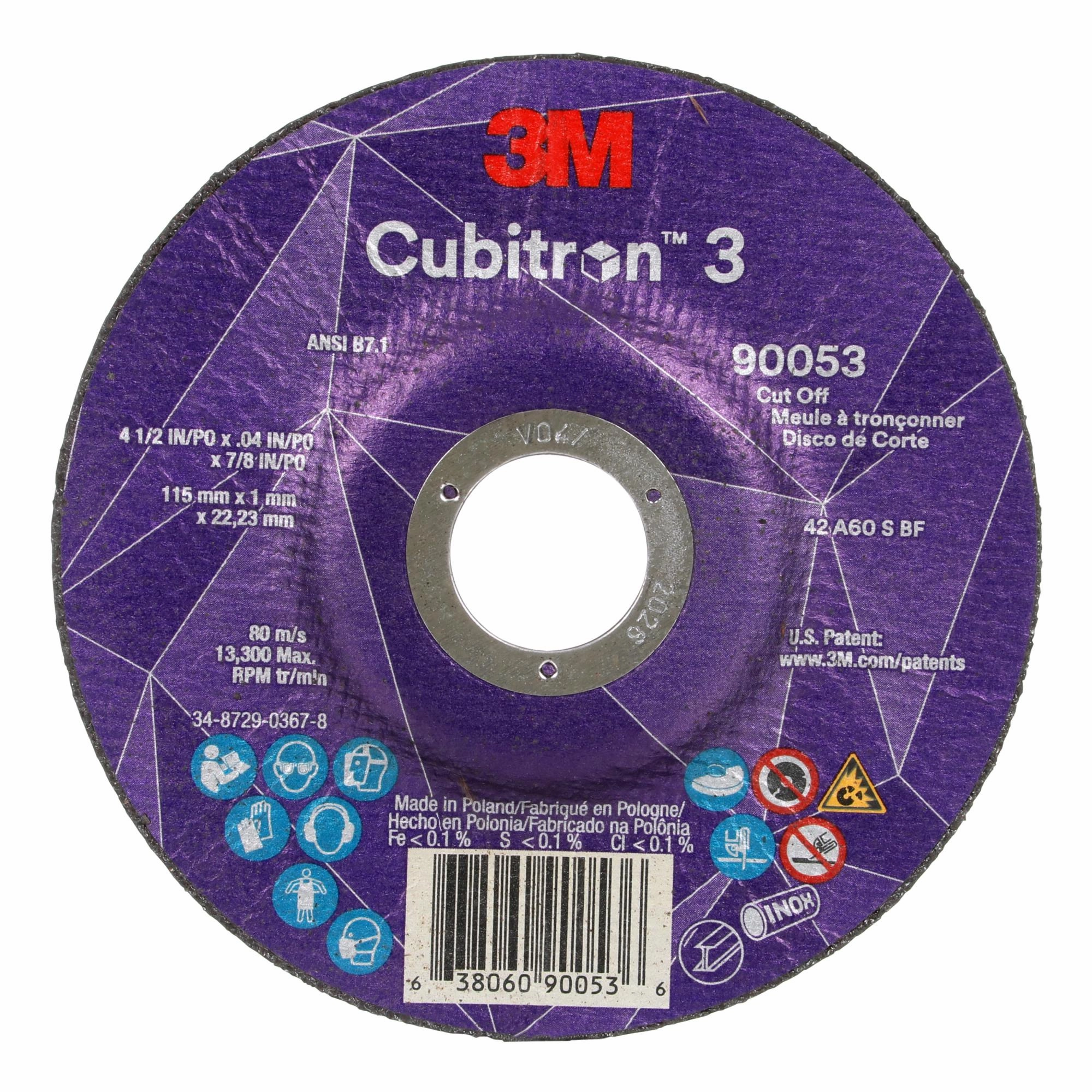 3M Cubitron 3 Cut-Off Wheel, 90053, 60 , T27, 4-1/2 in x 0.04 in x 7/8in