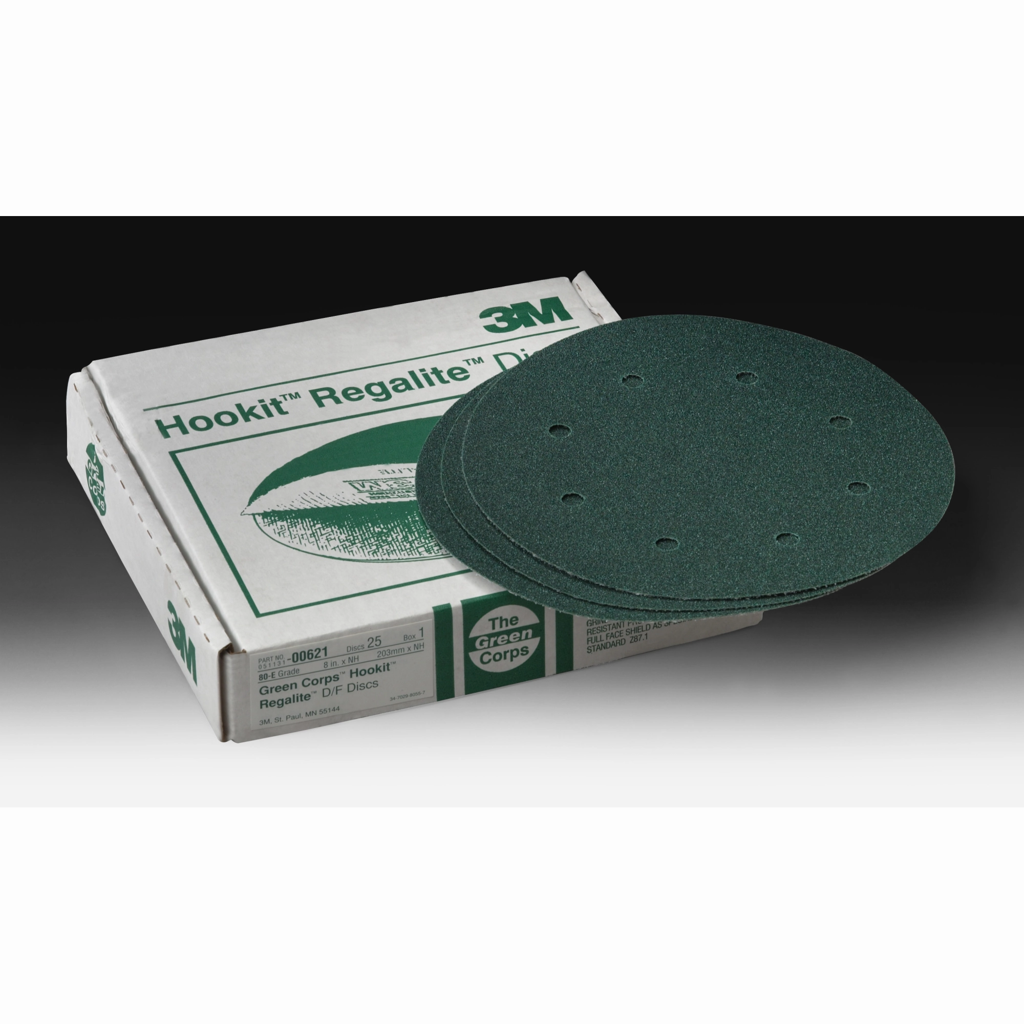 3M Green Corps Hookit Disc Dust Free, 00621, 8 in, 80, 25 discs percarton