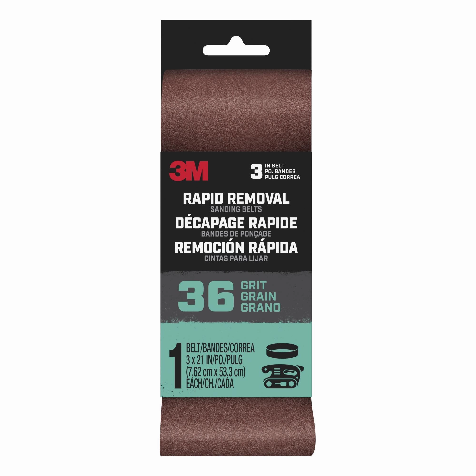 3M Rapid Removal 3 x 21 inch Power Sanding Belt, 36 grit,Belt3x211pk36, 1 pk