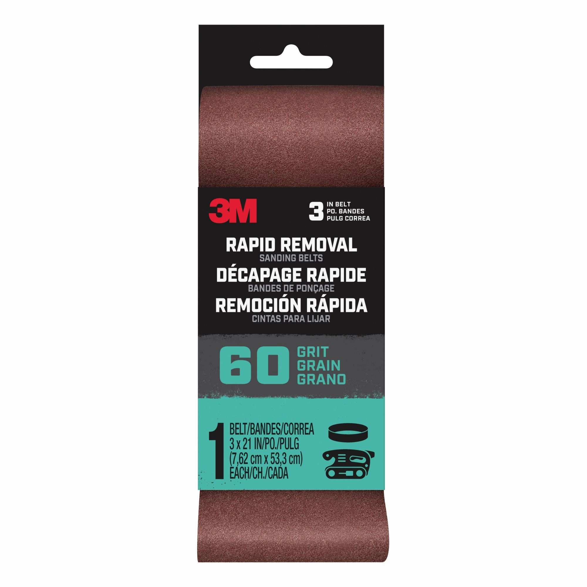 3M Rapid Removal 3 x 21 inch Power Sanding Belt, 60 grit,Belt3x211pk60, 1 pk