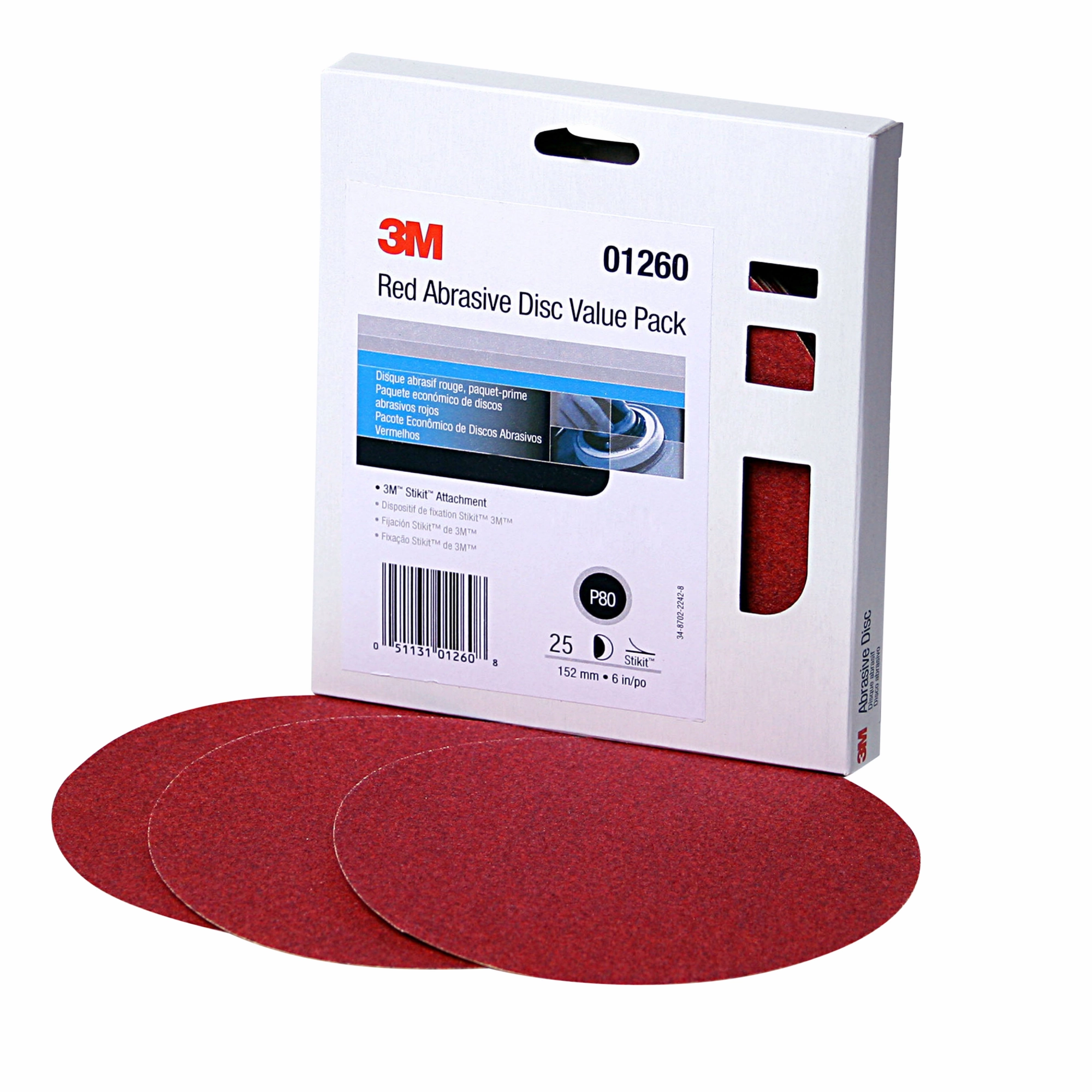 3M Red Abrasive Stikit Disc Value Pack, 01260, 6 in, P80, 25 discs percarton
