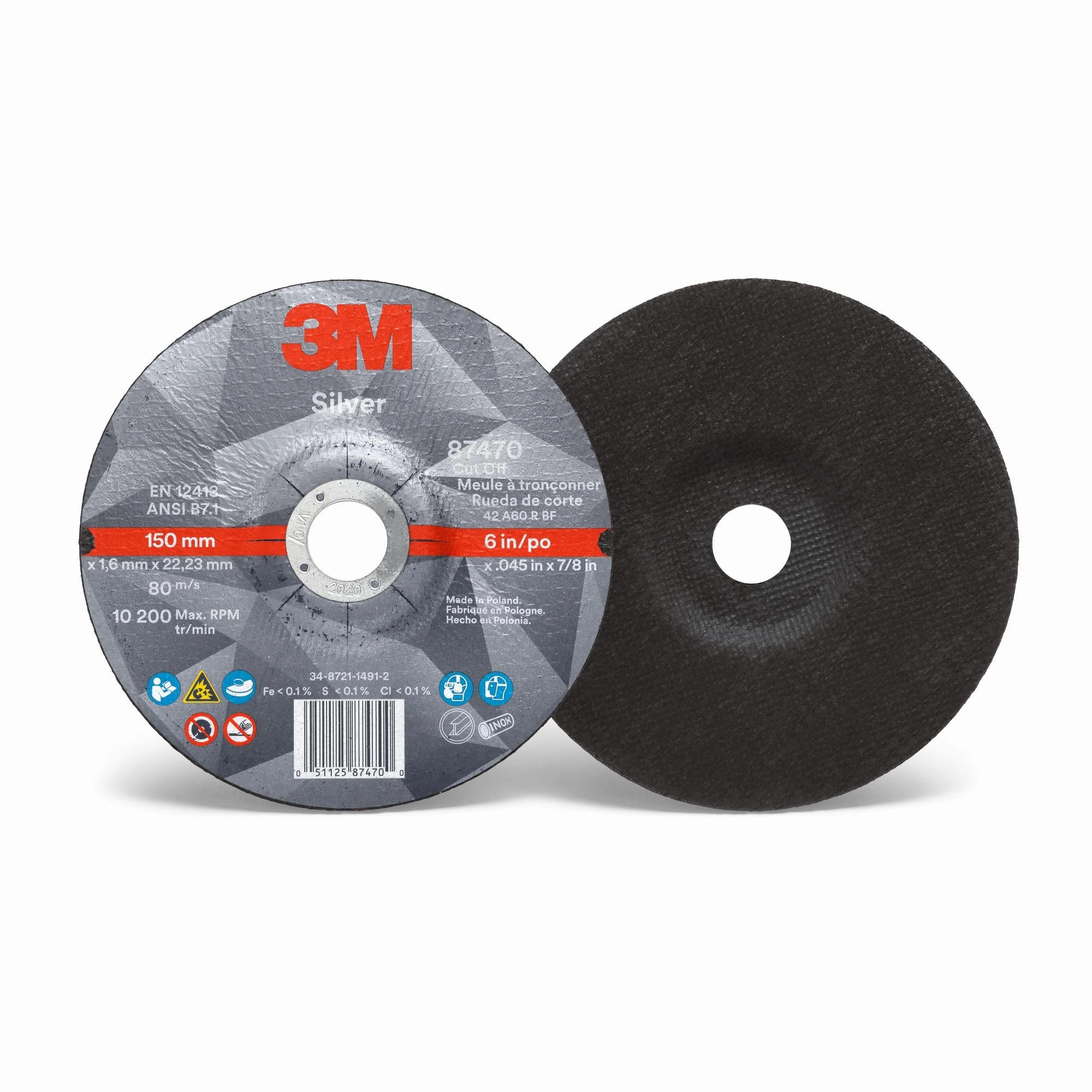 3M Silver Cut-Off Wheel, 87470, T27, 6 in x .045 in x 7/8 in,25/Carton