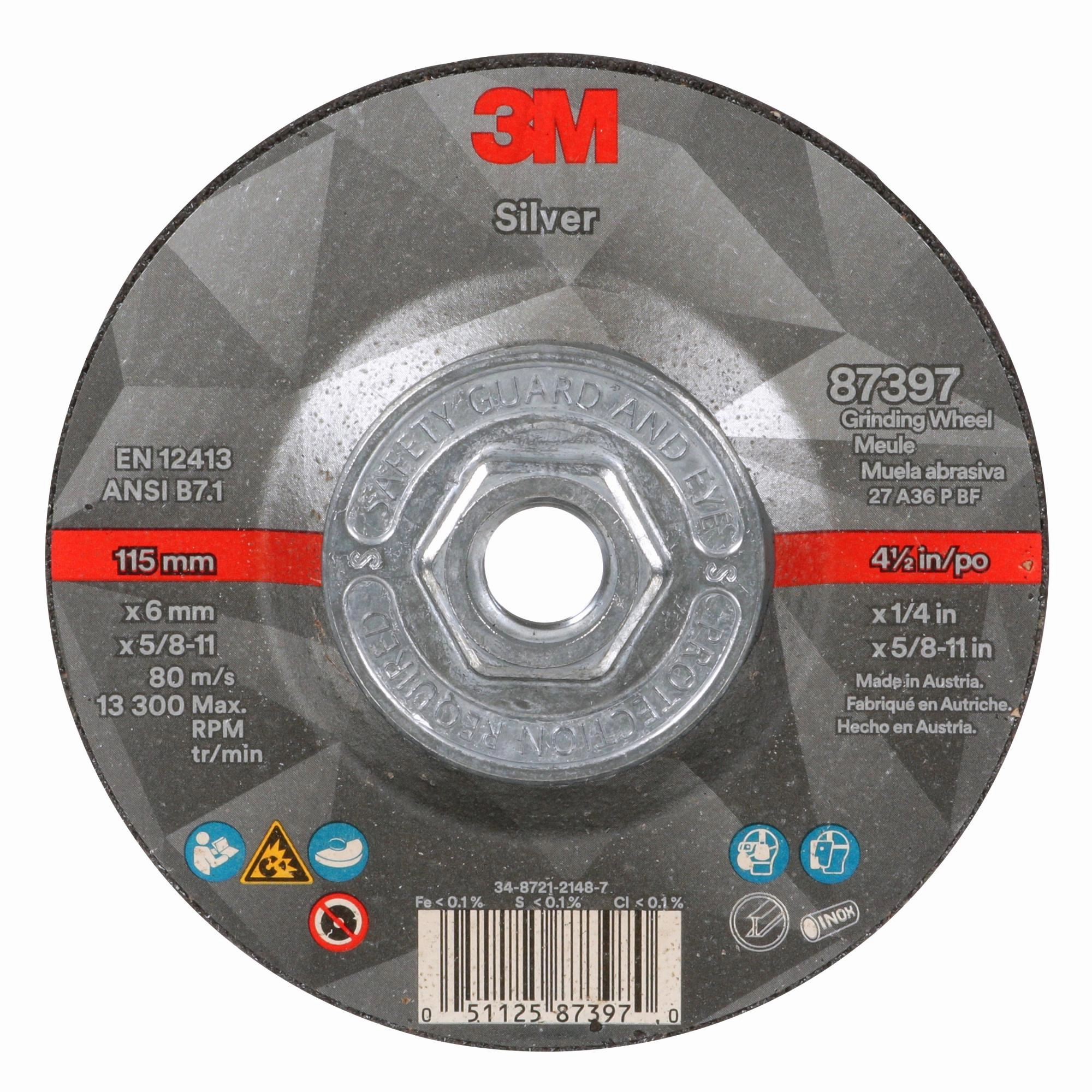 3M Silver Depressed Center Grinding Wheel, 87397, T27 Quick Change
