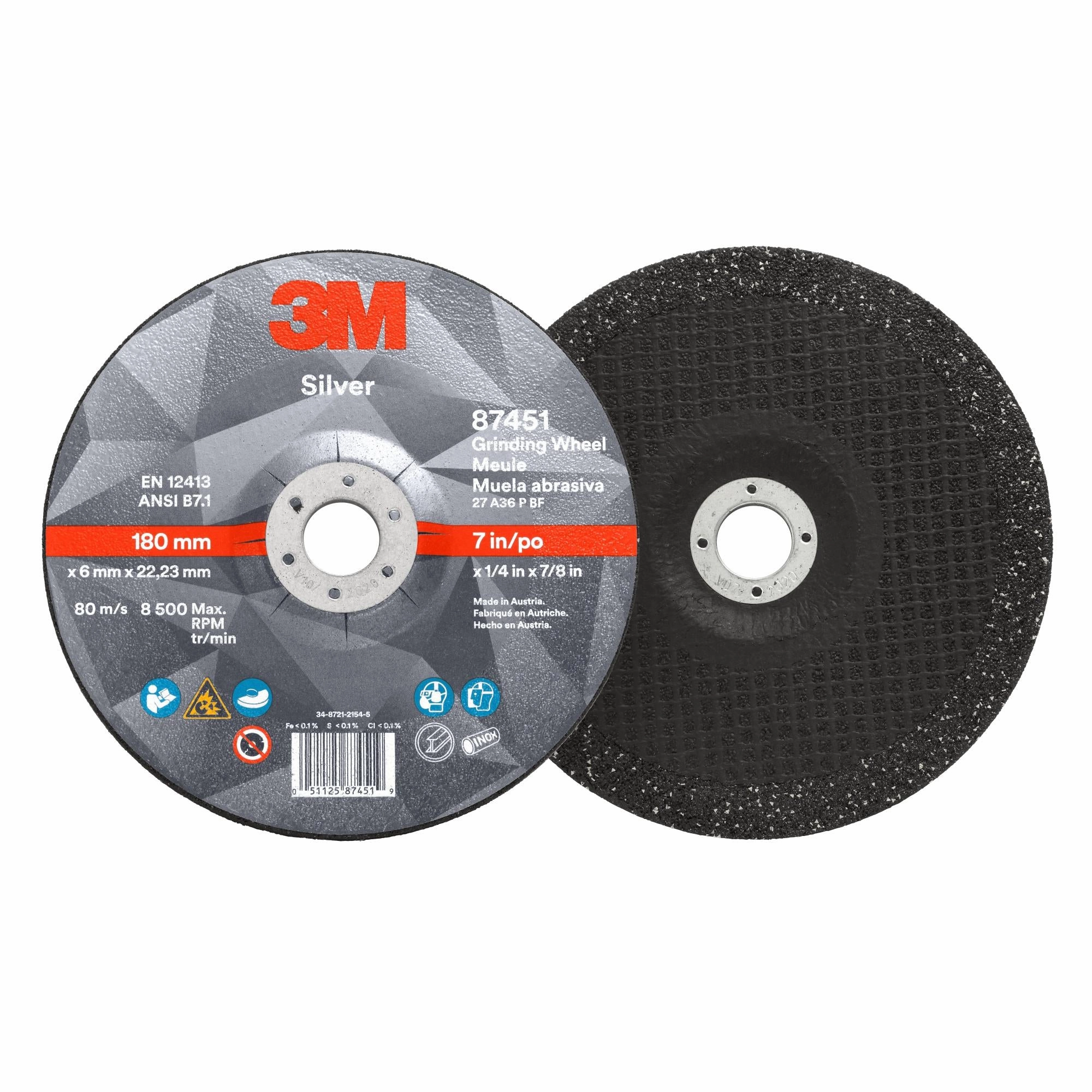 3M Silver Depressed Center Grinding Wheel, 87451, T27, 7 in x 1/4 in x7/8 in