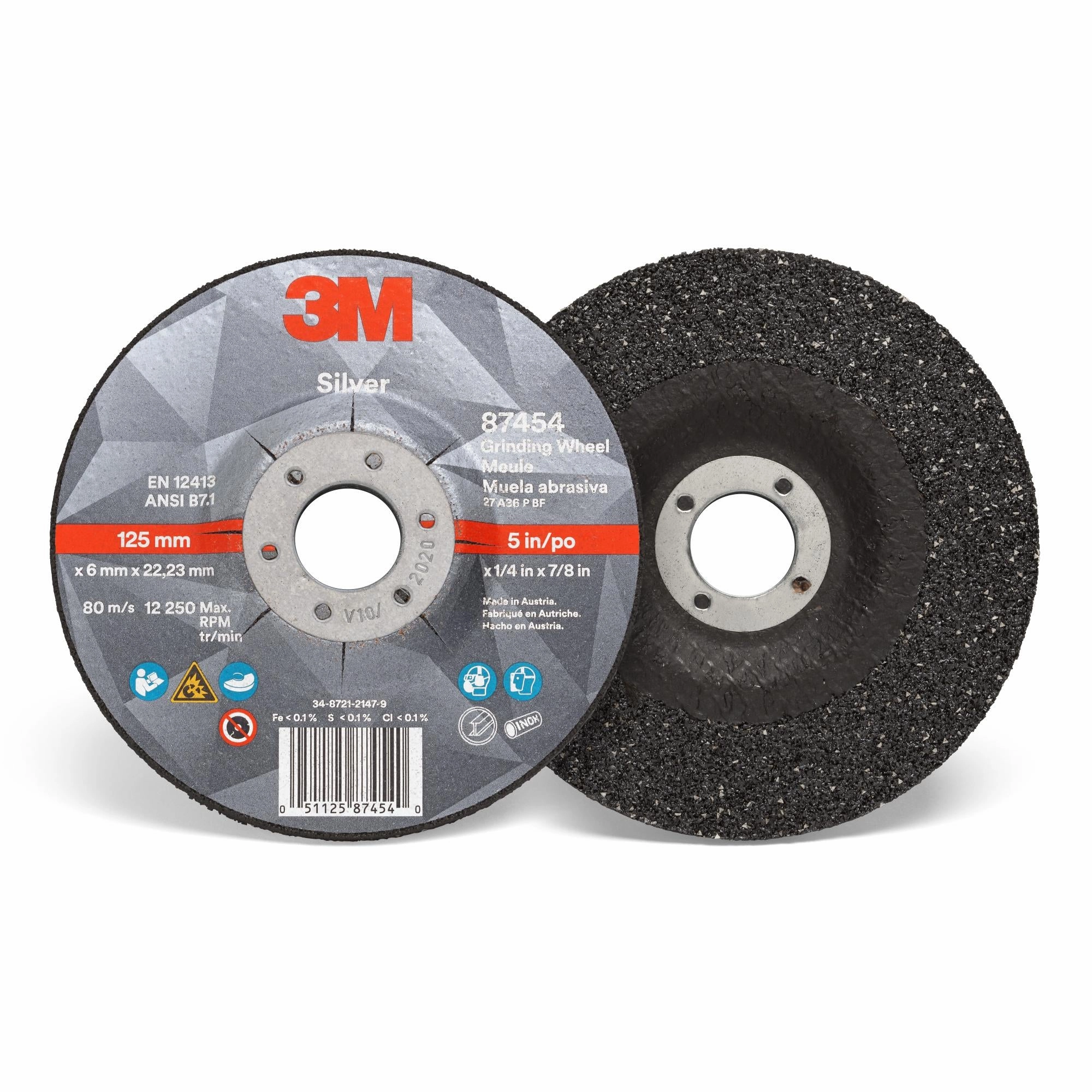 3M Silver Depressed Center Grinding Wheel, 87454, T27, 5 in x 1/4 in x7/8 in