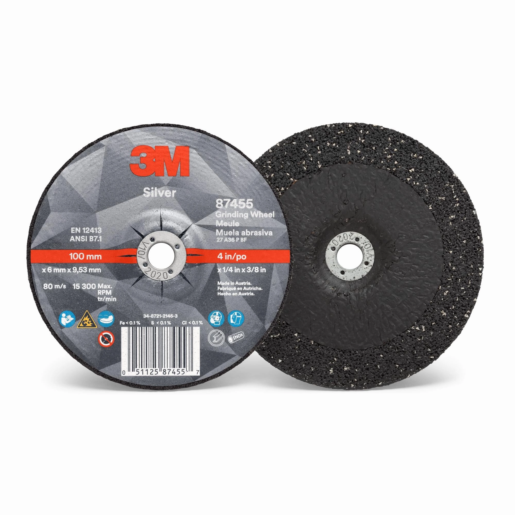 3M Silver Depressed Center Grinding Wheel, 87455, T27, 4 in x 1/4 in x3/8 in