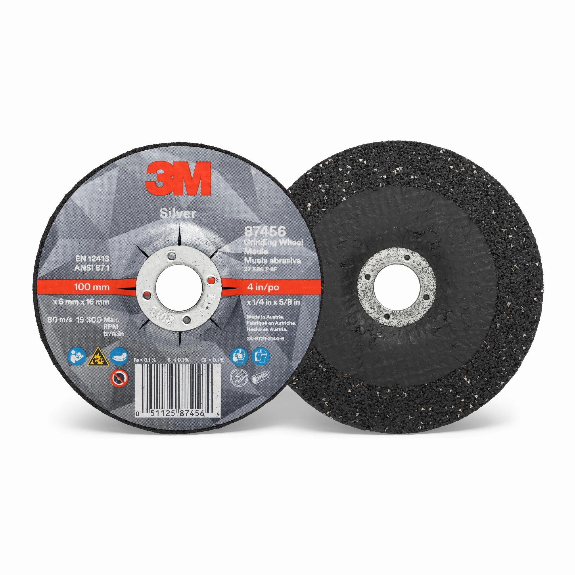 3M Silver Depressed Center Grinding Wheel, 87456, T27, 4 in x 1/4 in x5/8 in